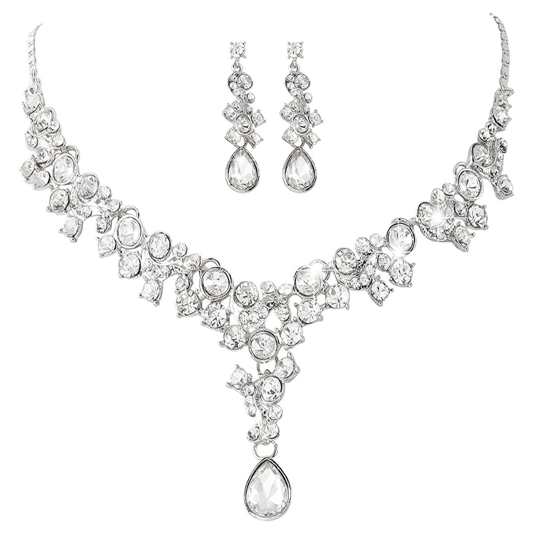 Unicra Bride Necklace & Earrings Set - Rhinestone Bridal Wedding Jewelry with Crystal for Women & Girls | Perfect for Weddings, Proms & Special Occasions