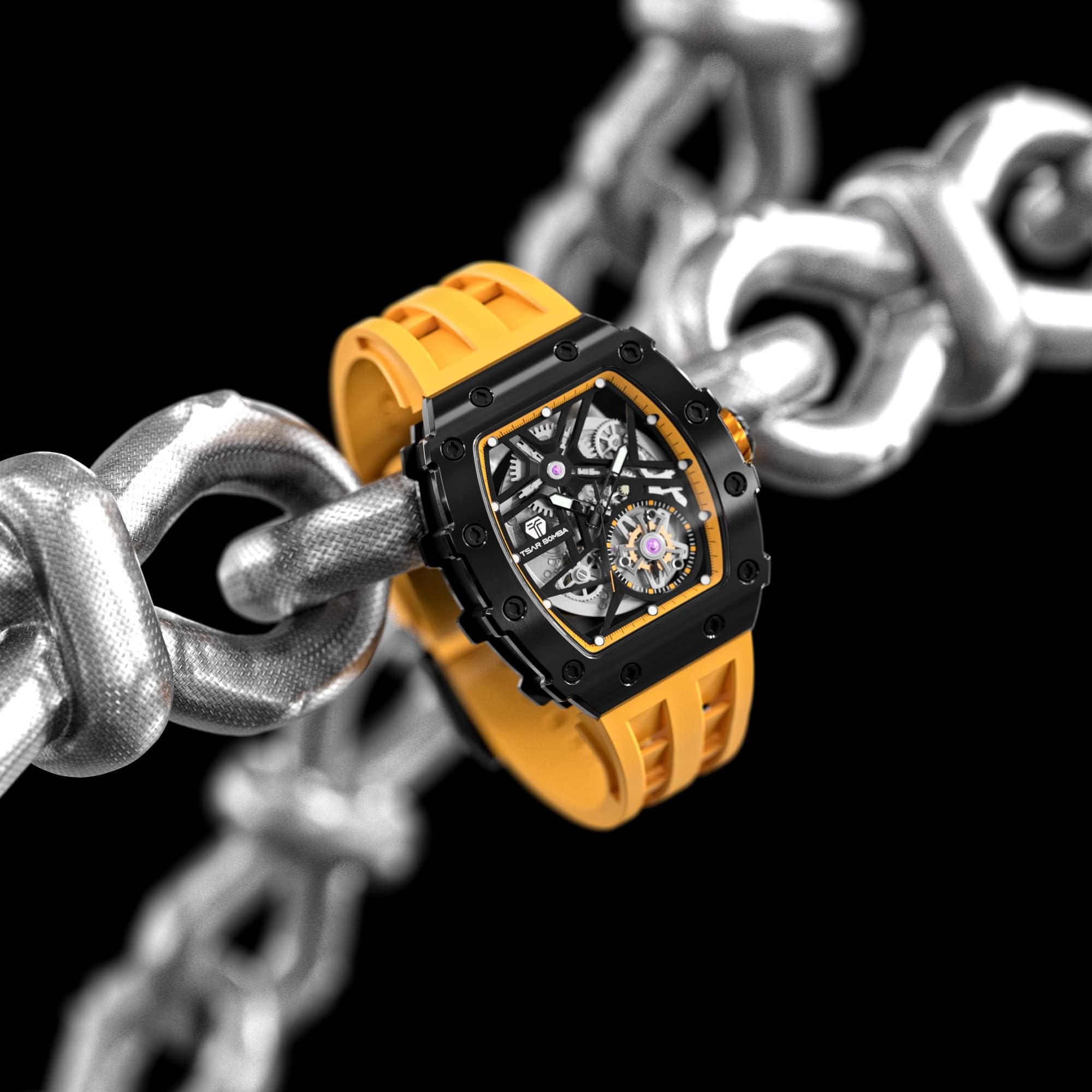 TSAR BOMBA Men's Luxury Automatic Skeleton Watch - Silver Square Big Face with Silicone Strap - 50M Waterproof Analog Watch for Business, Casual & Formal Wear - Unique Cool Gift for Men