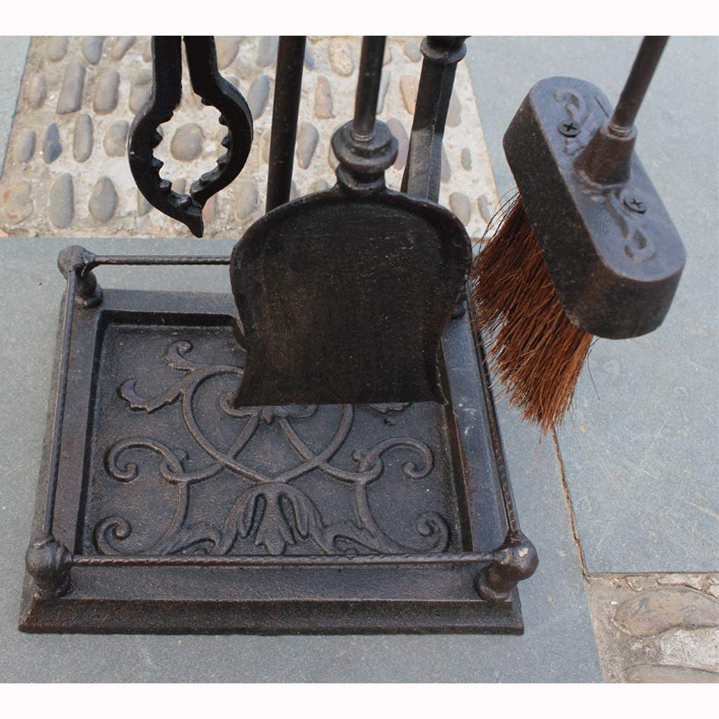 5-Piece Cast Iron Fireplace Tools Set with Wood Holder - Fireplace Tongs, Shovel, Broom & Stand for Indoor Fire Pits, Chimneys & Hearth Maintenance - Rustic Antique Design for Cozy Home Decor