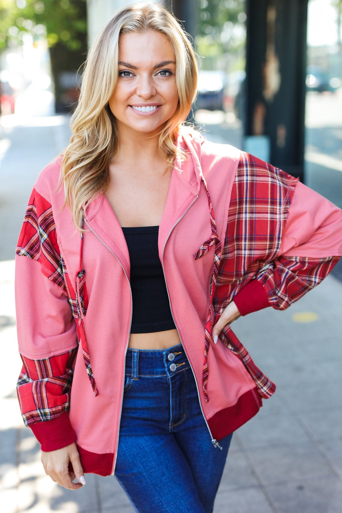 Stylish Marsala Plaid Color Block Zipper French Terry Hoodie for Women | Cozy Fall & Winter Outerwear | Perfect for Casual Outings, Lounge Wear and Street Fashion