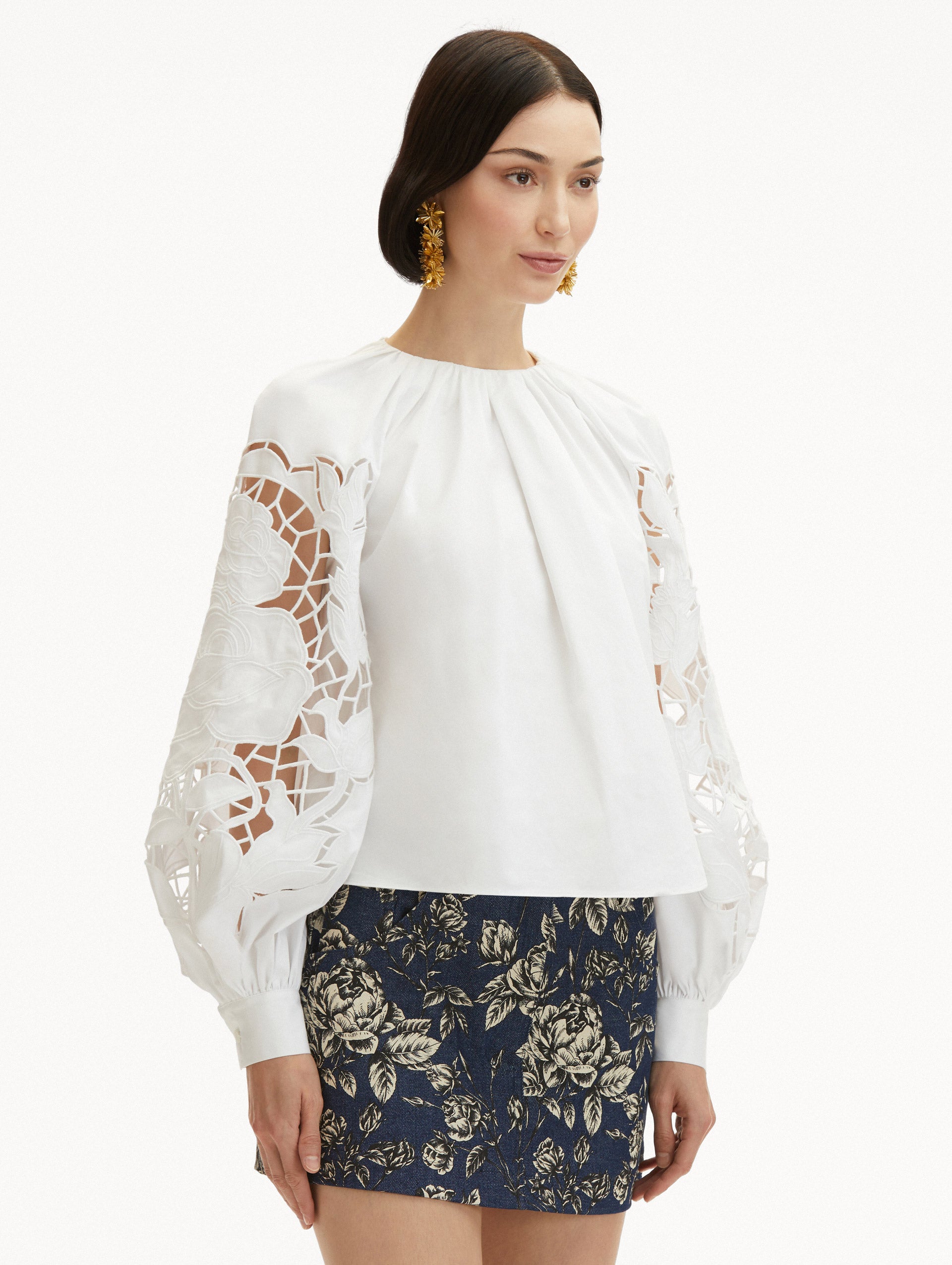 English Rose Cutout Cotton Poplin Blouse - Vintage Floral Print Women's Top for Casual Wear & Spring Outfits
