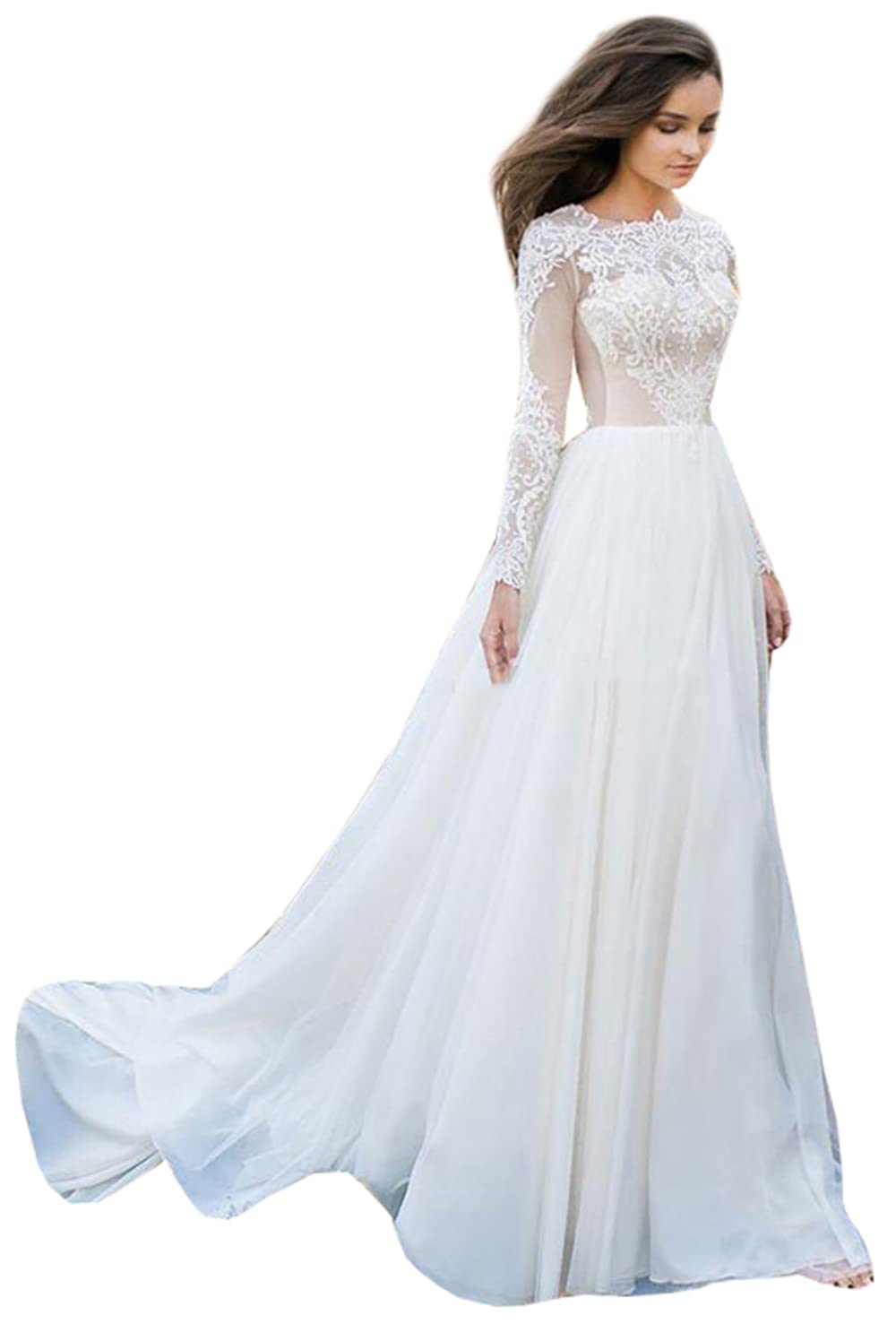 Elegant 2023 Women's Lace Chiffon Beach Wedding Dress with Long Sleeves - Perfect for Bridal Ceremonies, Beach Weddings & Romantic Photoshoots