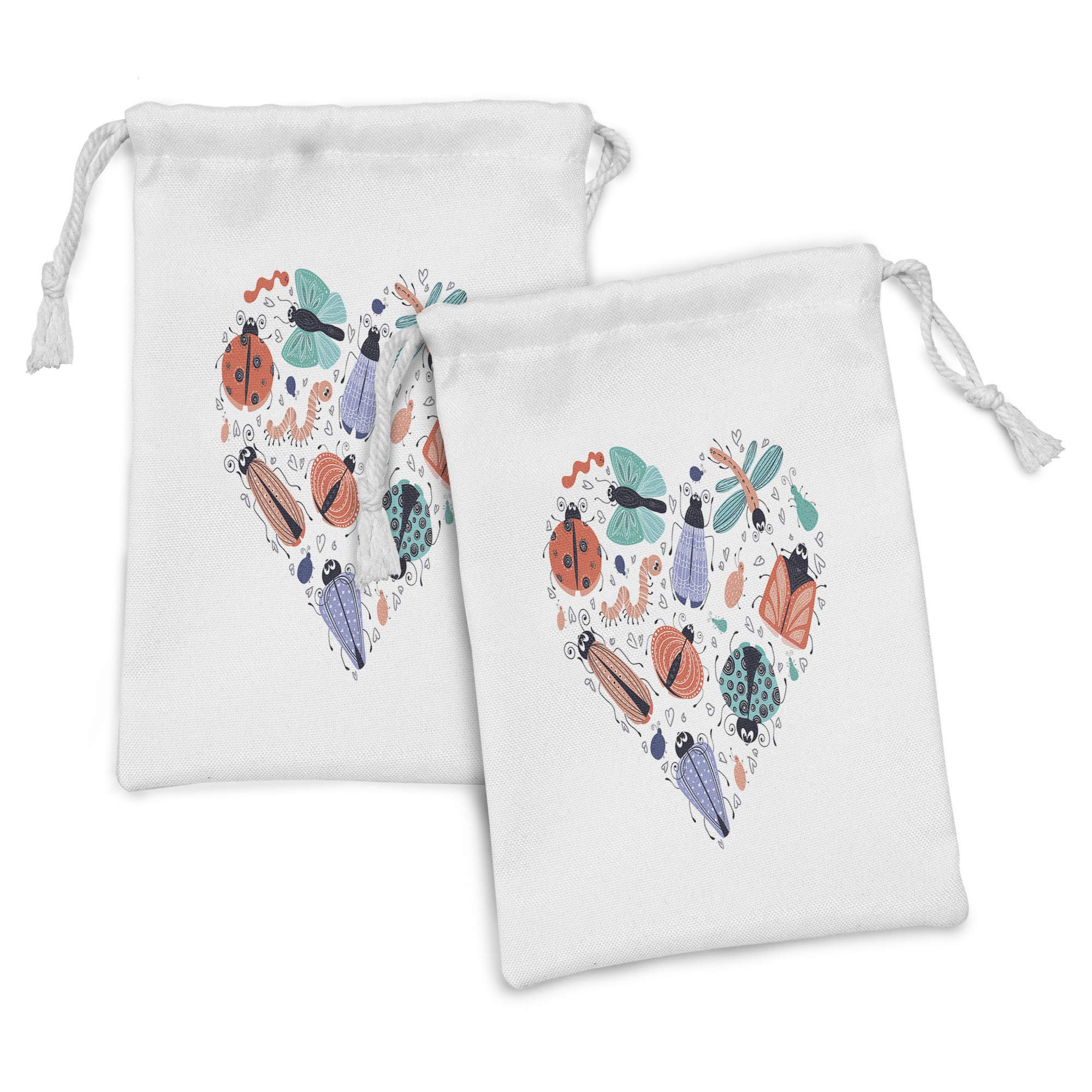 Ambesonne Dragonfly Fabric Pouch Set of 2 - Pastel Colorful Heart-Shaped Insect Drawstring Bags for Toiletries, Masks & Party Favors (9