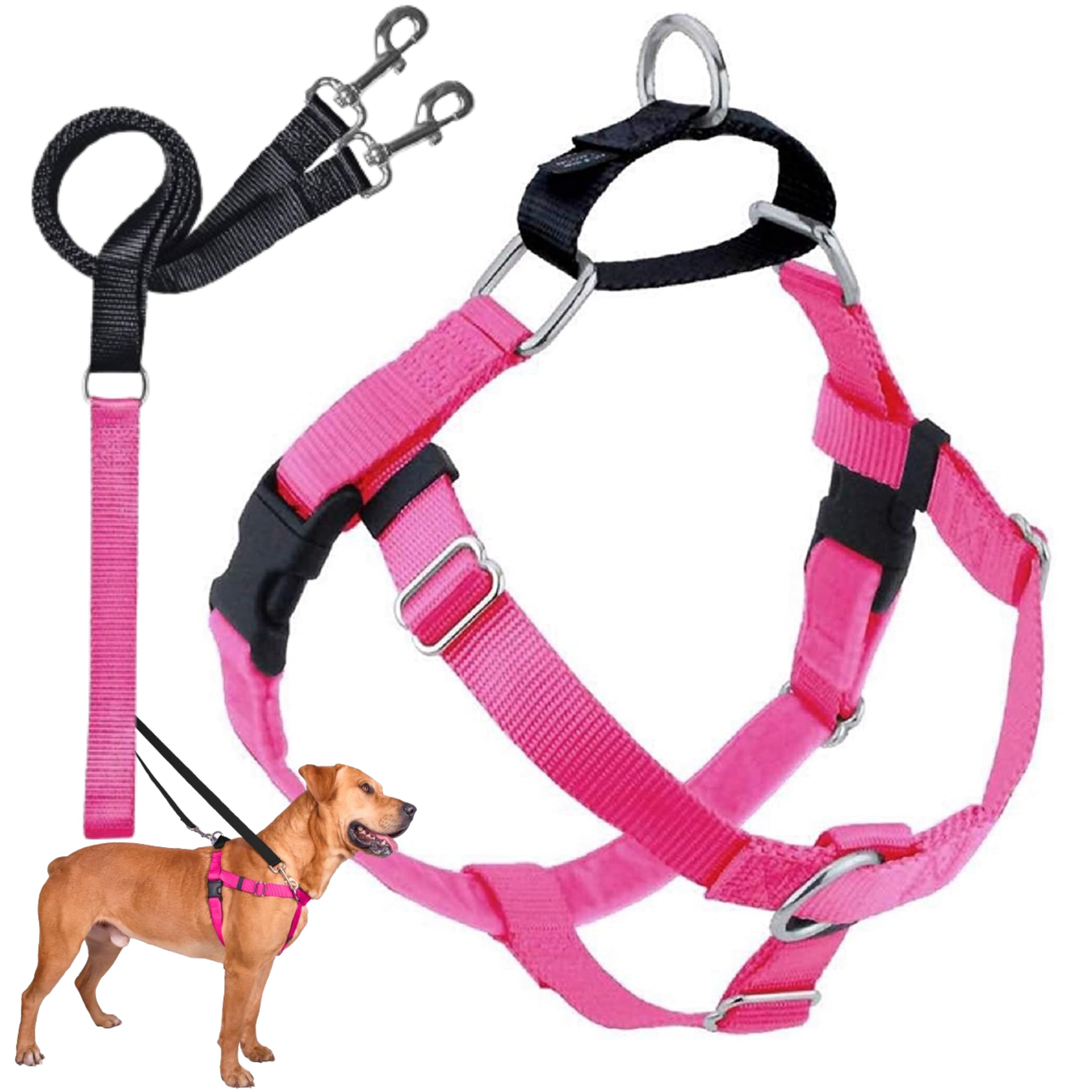 2 Hounds Design Freedom No Pull Dog Harness - Adjustable Pet Harness and Leash Set for Easy Walking & Comfortable Control - Fits Small, Medium & Large Dogs - USA Made Hot Pink 1