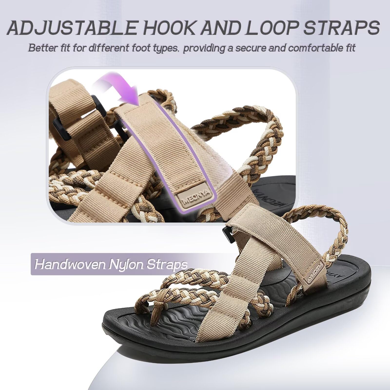 Women's Hiking Sandals with Arch Support - Comfortable Athletic Flip Flops for Walking, Beach & Outdoor Adventures - Adjustable Hook & Loop Straps for Secure Fit - Perfect for Vacation, Travel & Water Activities