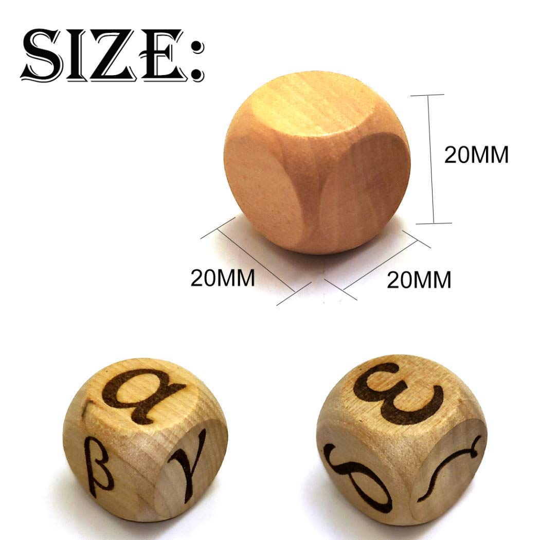 20MM Wooden Dice Set - Greek Alphabet Pattern, 6-Piece Creative Wood Rolling Dices for Board Games, Party Decider, D&D, Tabletop RPG Accessories - Perfect for Game Nights & Roleplaying Adventures