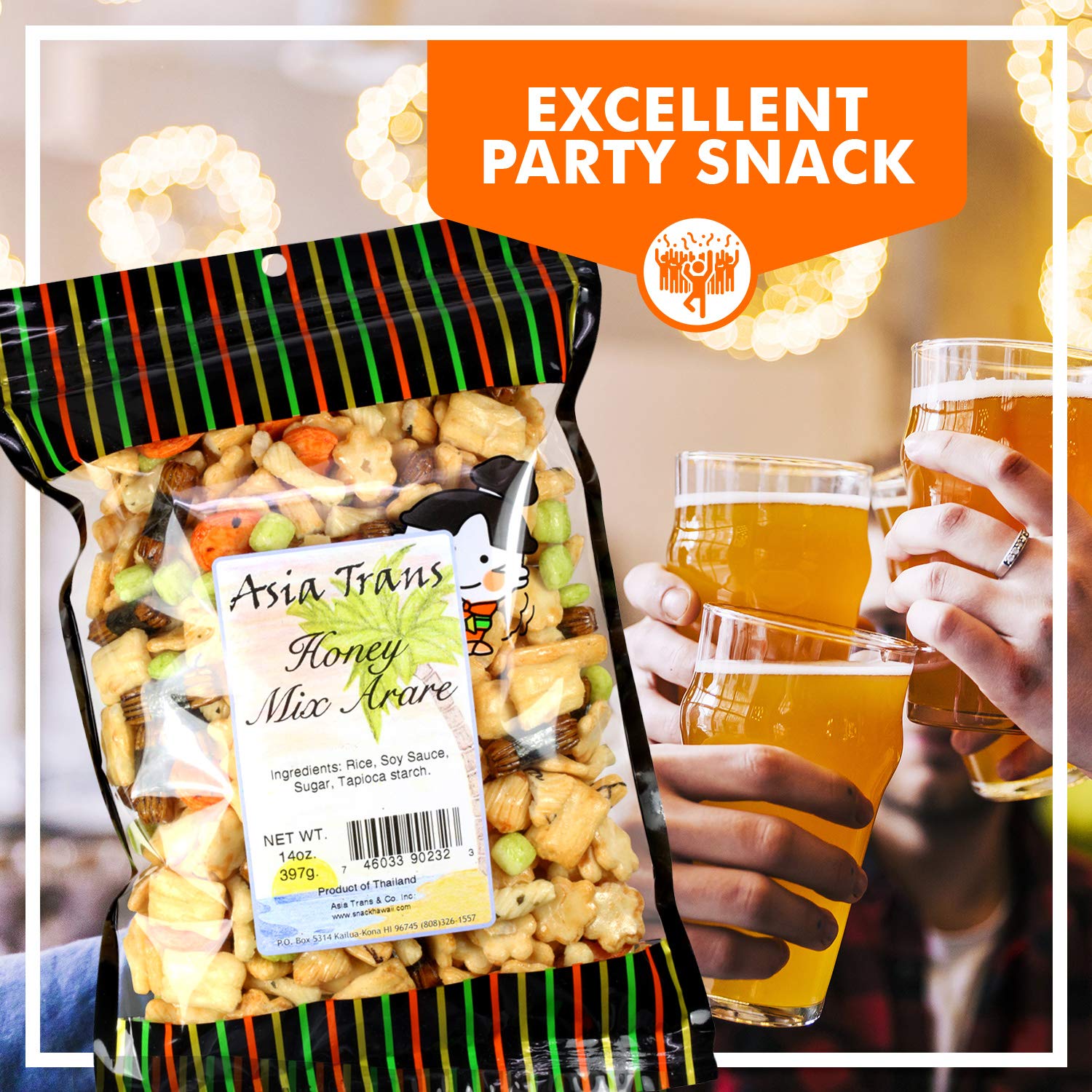 Asia Trans Honey Mixed Arare - Sweet & Salty Japanese Rice Crackers with Nori Komaki, Sakura & Kakinotane | Crunchy Hawaiian Kaki Mochi Snack | Perfect for Movie Nights, Beer Pairing, Hiking & Office Snacks - 12 Oz Pack