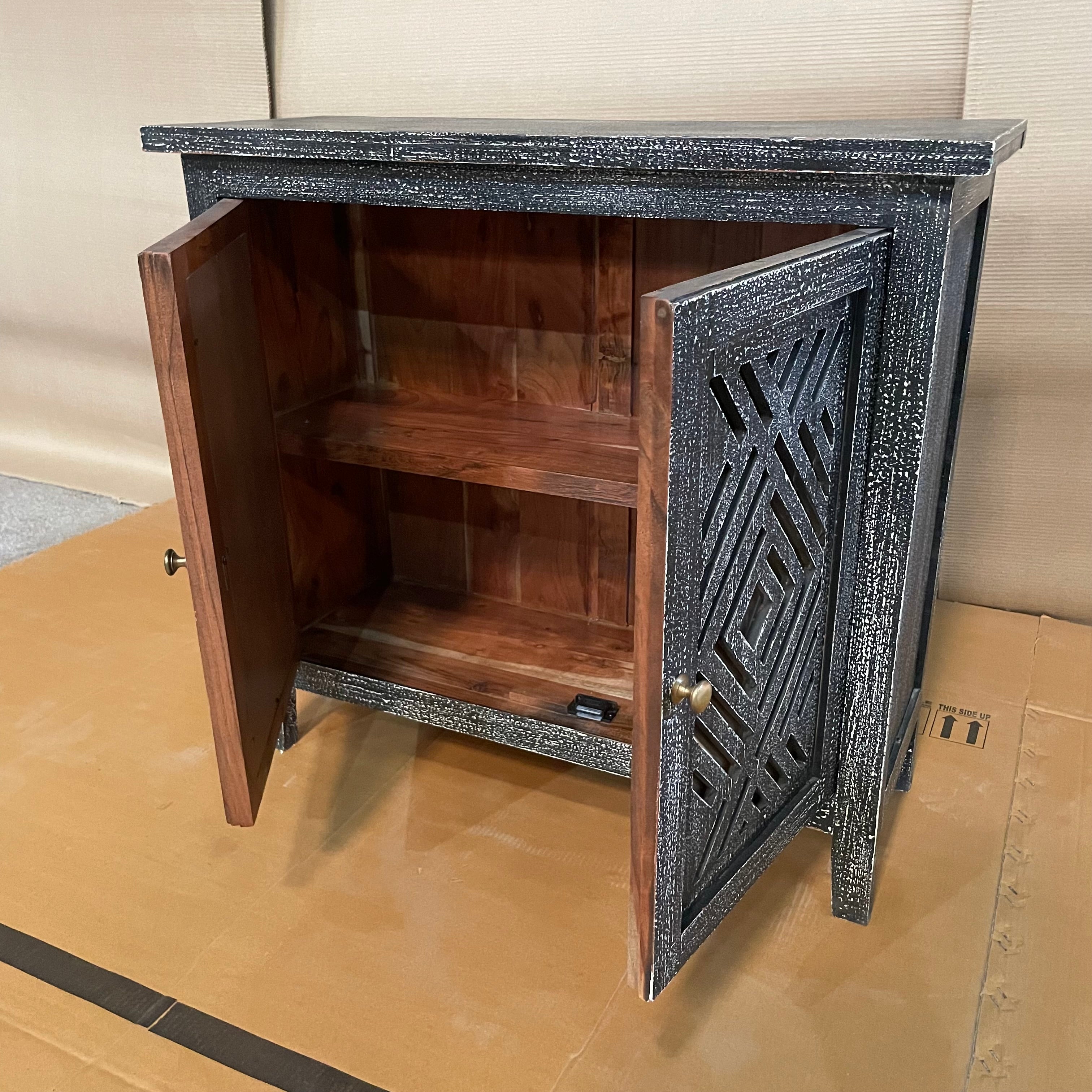 Handcrafted Indian Solid Hardwood Cabinet with 2 Mirror Doors - Black, 81x31x75cm - Elegant Storage for Bedroom, Living Room & Entryway