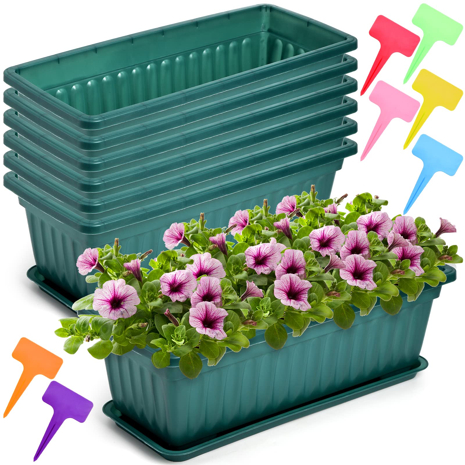 Fasmov 7 Pack 17 Inch Plastic Flower Window Box with Drainage Trays - Vegetable Planters & Garden Pots for Balcony, Patio, Indoor Herb Garden - Includes 7 Plant Labels for Easy Organization (Ideal for Growing Herbs, Vegetables, and Flowers)