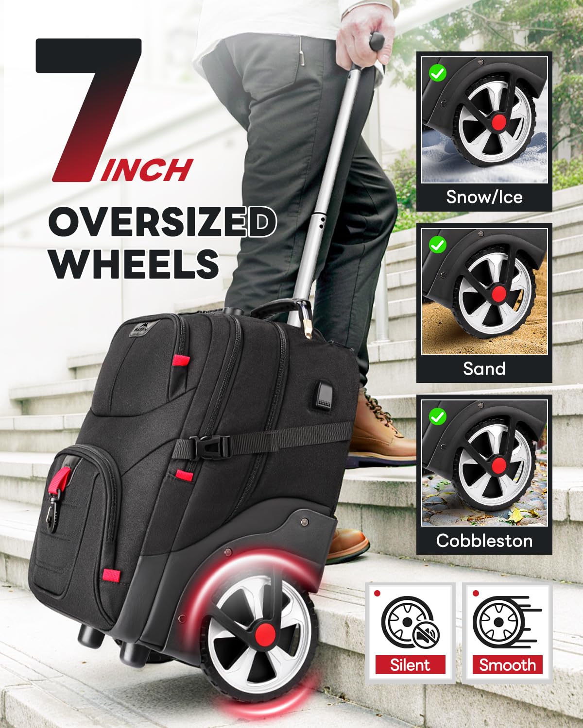 MATEIN 17 Inch Wheeled Laptop Backpack for Men & Women - Anti-Theft Rolling Carry On Luggage with USB Charging Port, Water Resistant Business Travel Backpack for Work, College, Airplane & Commuting