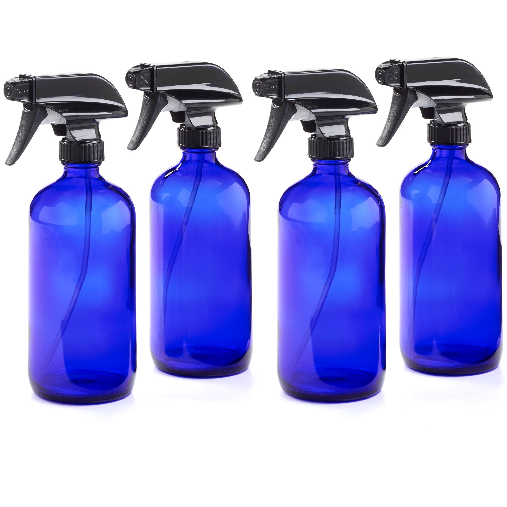 16oz Cobalt Blue Glass Spray Bottles with Labels & Caps - BPA Free Boston Round Heavy Duty Bottle for Essential Oils, Cleaning, Hair Care, Perfumes - Adjustable Mist & Stream Sprayer (4 Pack) - Perfect for Home, Salon, DIY & Travel Use