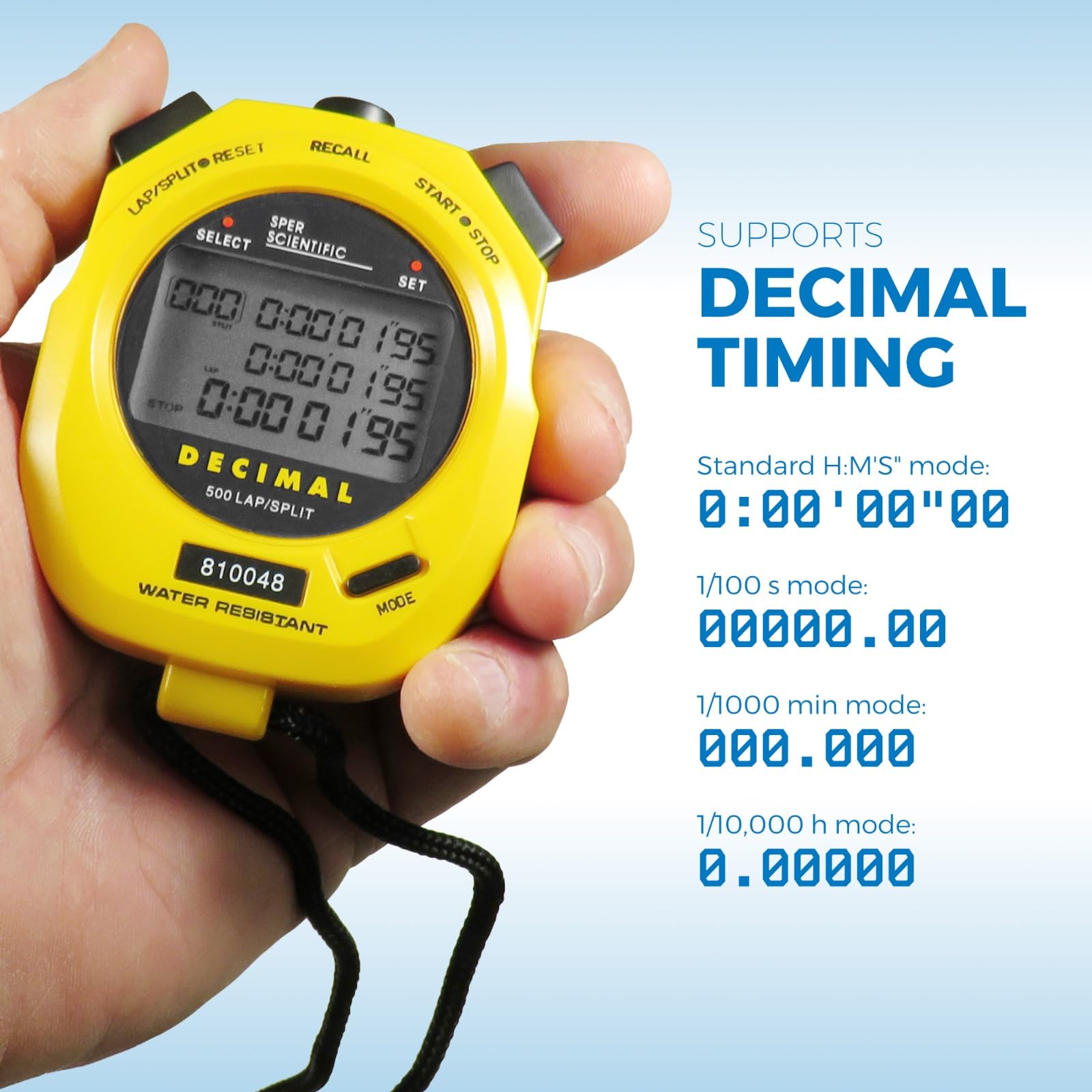 Sper Scientific Waterproof Stopwatch with Decimal Display & Multi-Split Timer - Ideal for Sports Training, Coaching, Industrial Work & Fitness Tracking