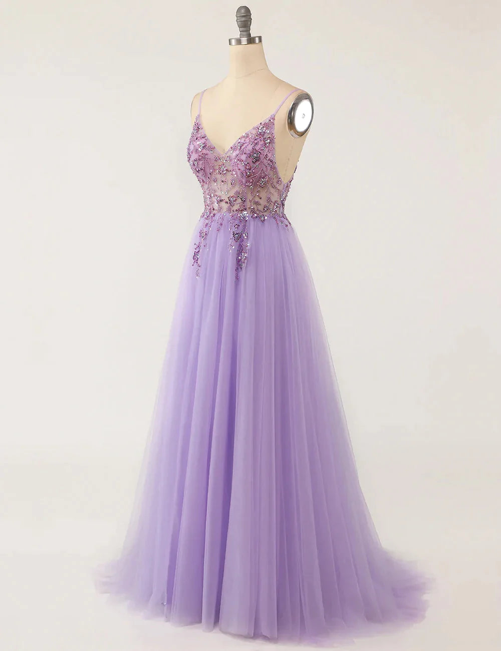 Elegant Sexy V-Neck Crystal Beaded Backless Evening Dress for Women - Formal Prom Gown with Spaghetti Straps in Purple | Perfect for Prom, Gala, Cocktail Party & Special Occasions