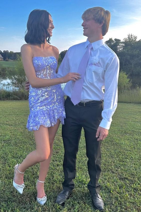 Lavender Sequin Lace Strapless Short Homecoming Dress J3699 - Perfect for Prom, Party, and Special Occasions