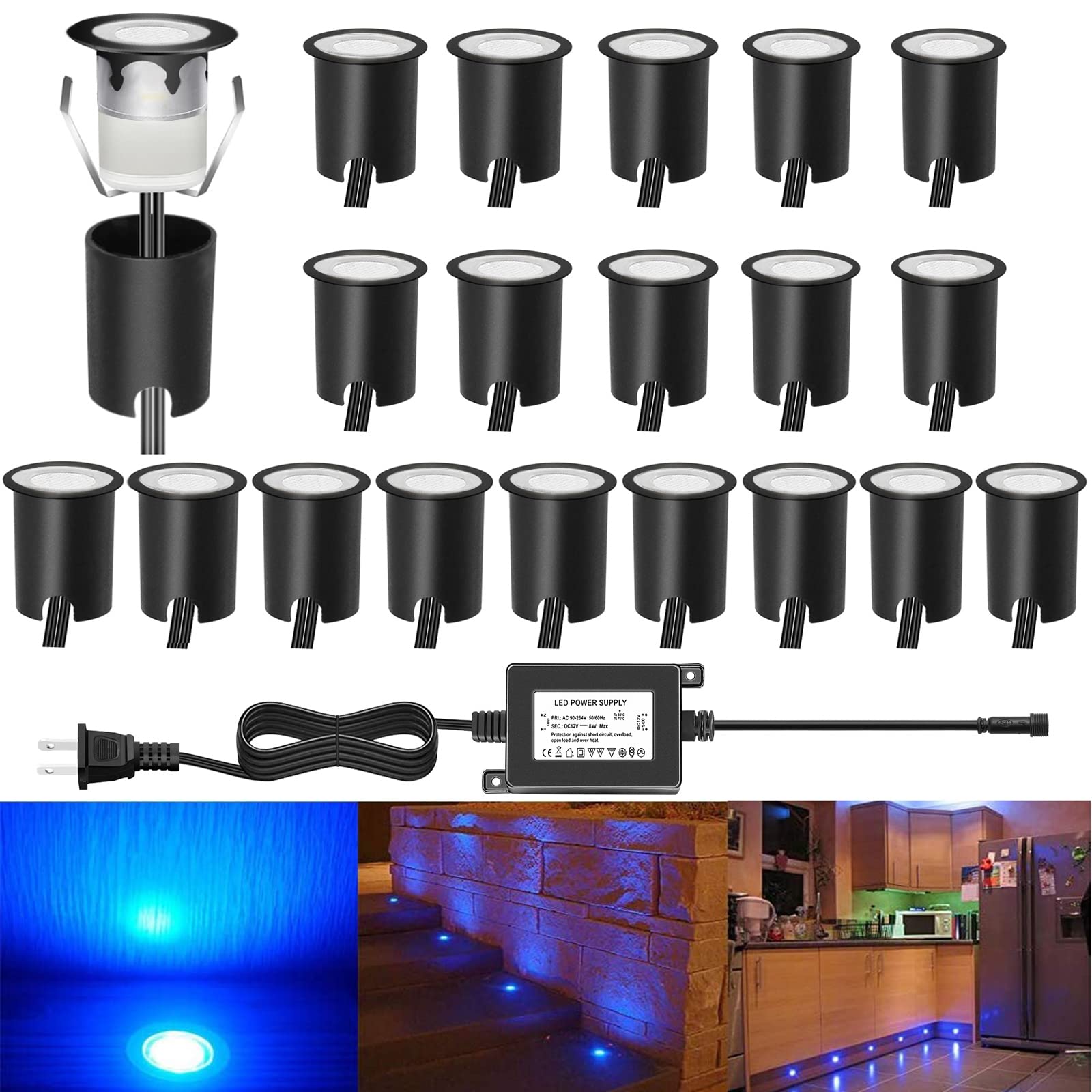 20pcs Low Voltage LED Deck Light Kit - Stainless Steel Waterproof Recessed Lights for Wood Decking, Stairs, Garden, Yard & Patio - Outdoor Landscape Lighting (Blue) - Perfect for Pathway, Poolside & Backyard Ambiance