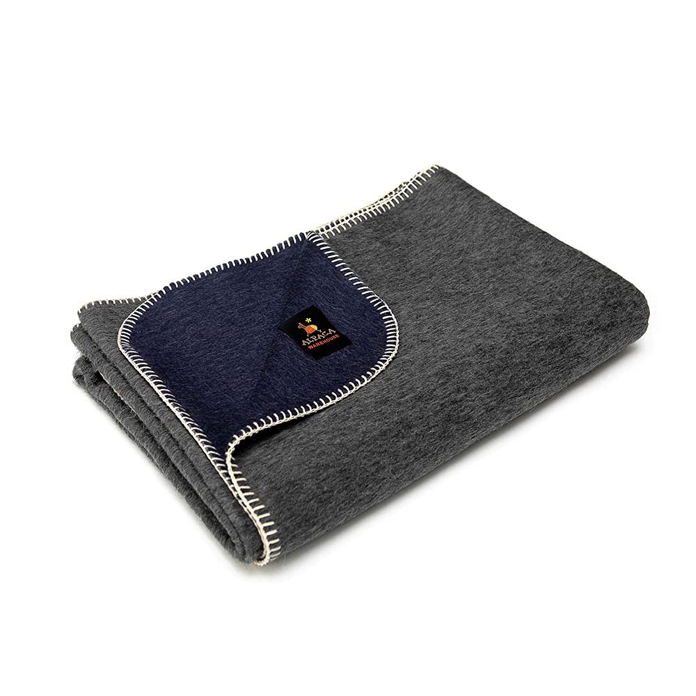 Premium Alpaca Wool Blanket – Ultra Soft & Heavyweight Peruvian Alpaca Throw for Camping, Travel, Home & Office – Navy Blue/Gray Travel Size Blanket – Perfect for Sofa, Bed & Outdoor Adventures