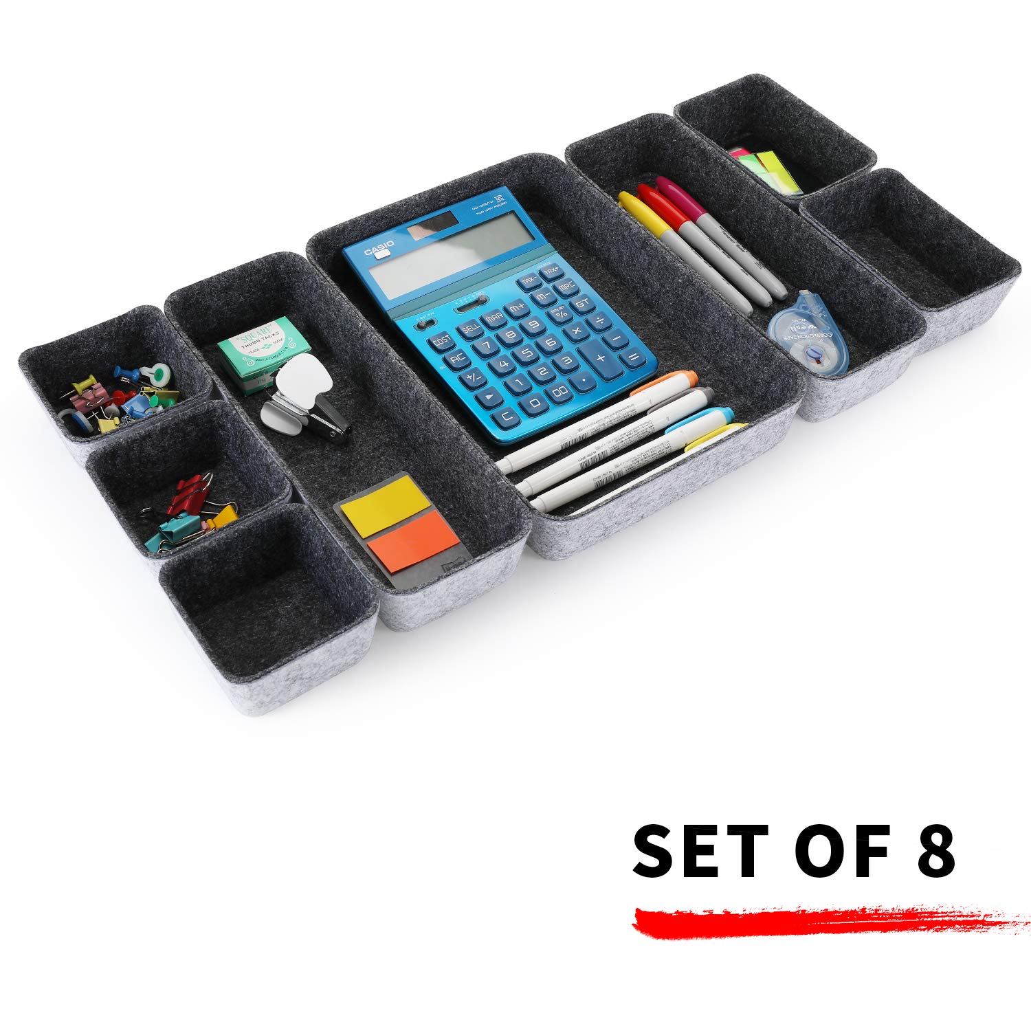 Welaxy 8-Piece Desk Drawer Organizer Tray - Shallow Felt Storage Bin for Office Supplies, Makeup, Pens, Keys & Crafts | Soft Yet Sturdy, Minimalist Design (Charcoal) | Perfect for Home Office, Vanity & Craft Room Organization