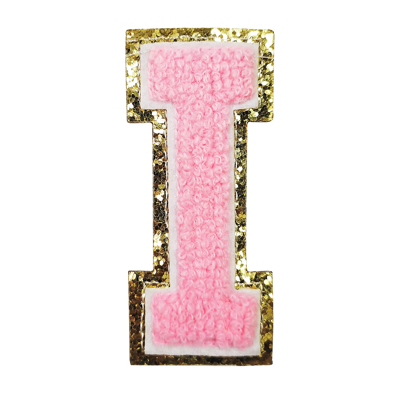 Gold Glitter & Pink Chenille Iron-On Letter Patches - 3 PCS Varsity Initial Patches with Adhesive Backing for Team Costumes, Jackets, Bags & DIY Crafts (3.1 Inch Height) - Perfect for Sports Uniforms, Dance Teams & Personalized Gifts