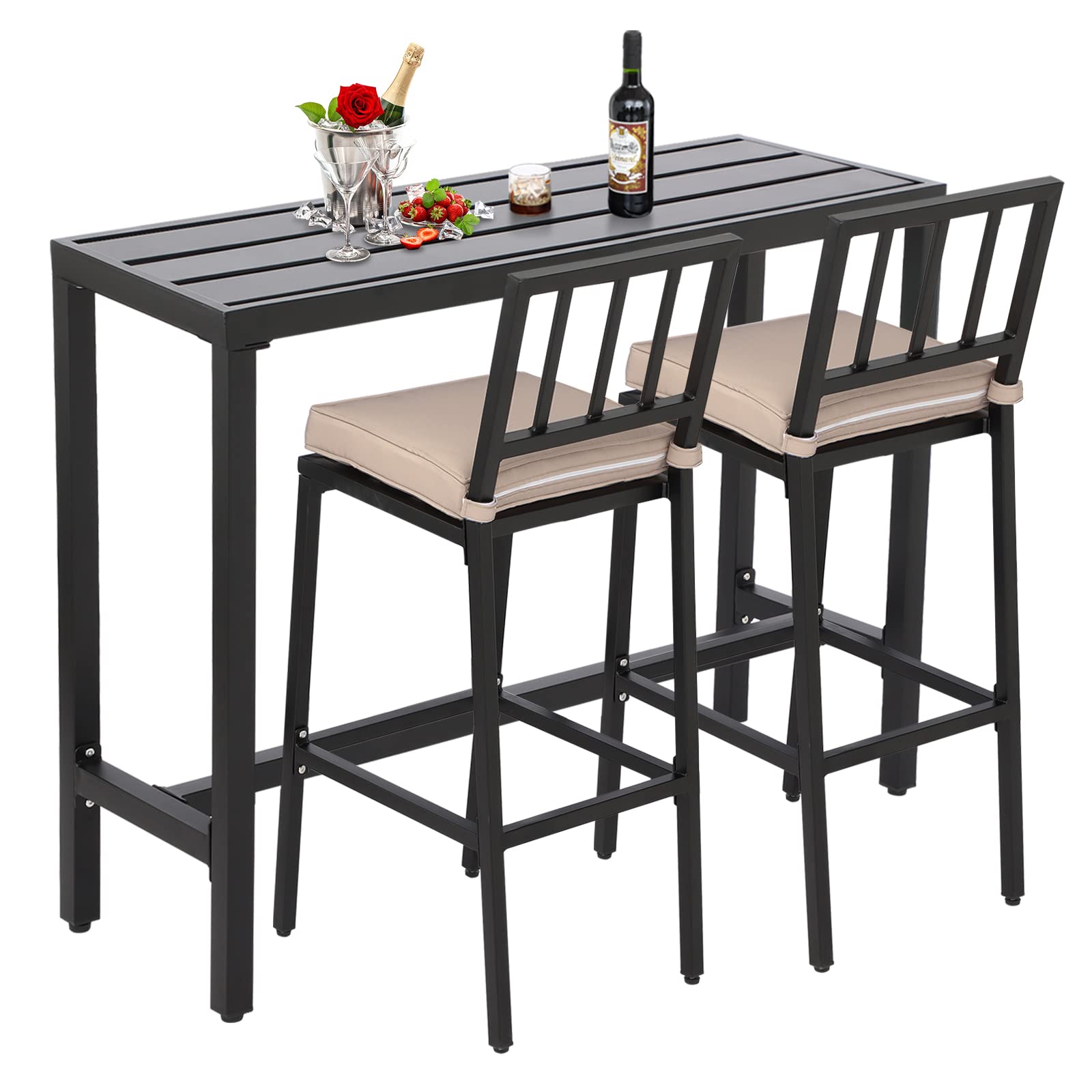 3-Piece Metal Outdoor Bar Set with Table & Stools - Black Patio Bar Furniture for Backyard, Porch, Balcony - Includes 47