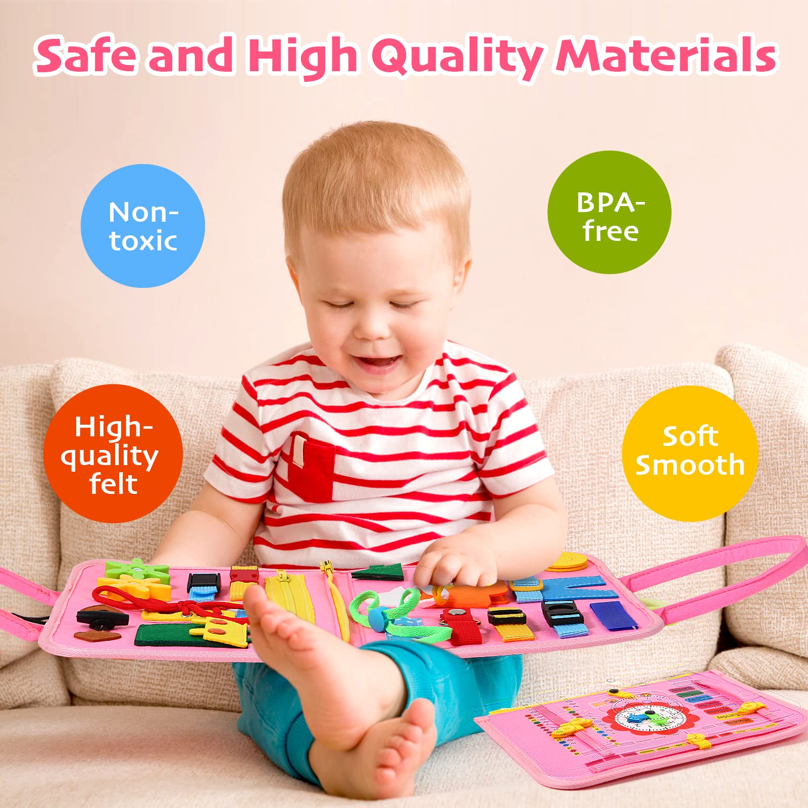 Montessori Busy Board for Toddlers 1-3 Years Old - Sensory & Fine Motor Skills Learning Toy - Travel Activity Board for Baby Boys & Girls - Perfect Birthday Gift for 1 & 2 Year Olds - Ideal for Airplane, Car Rides & Quiet Playtime at Home