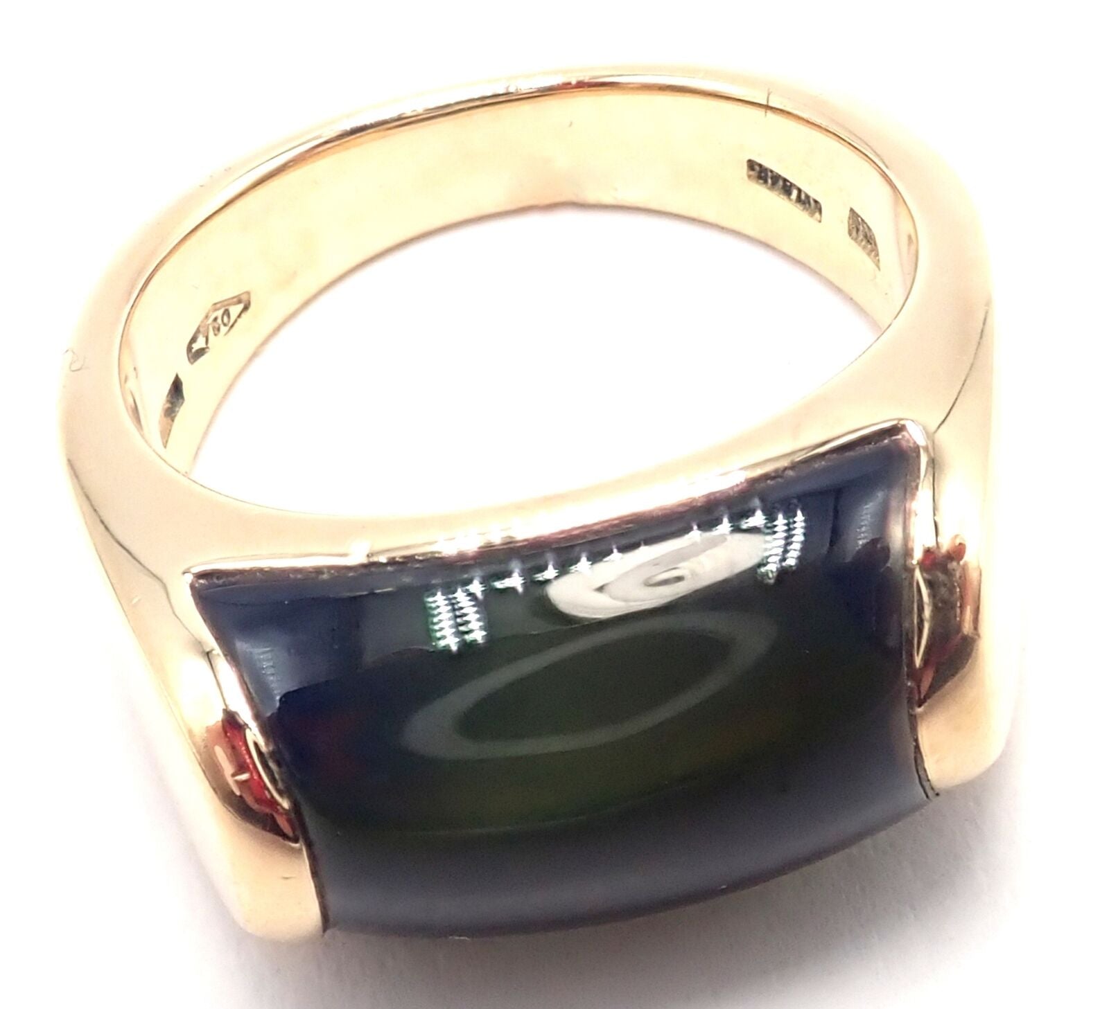 Authentic Bulgari Bvlgari Tronchetto 18k Yellow Gold Large Green Tourmaline Ring for Women - Luxury Jewelry Gift for Anniversary, Wedding & Special Occasions