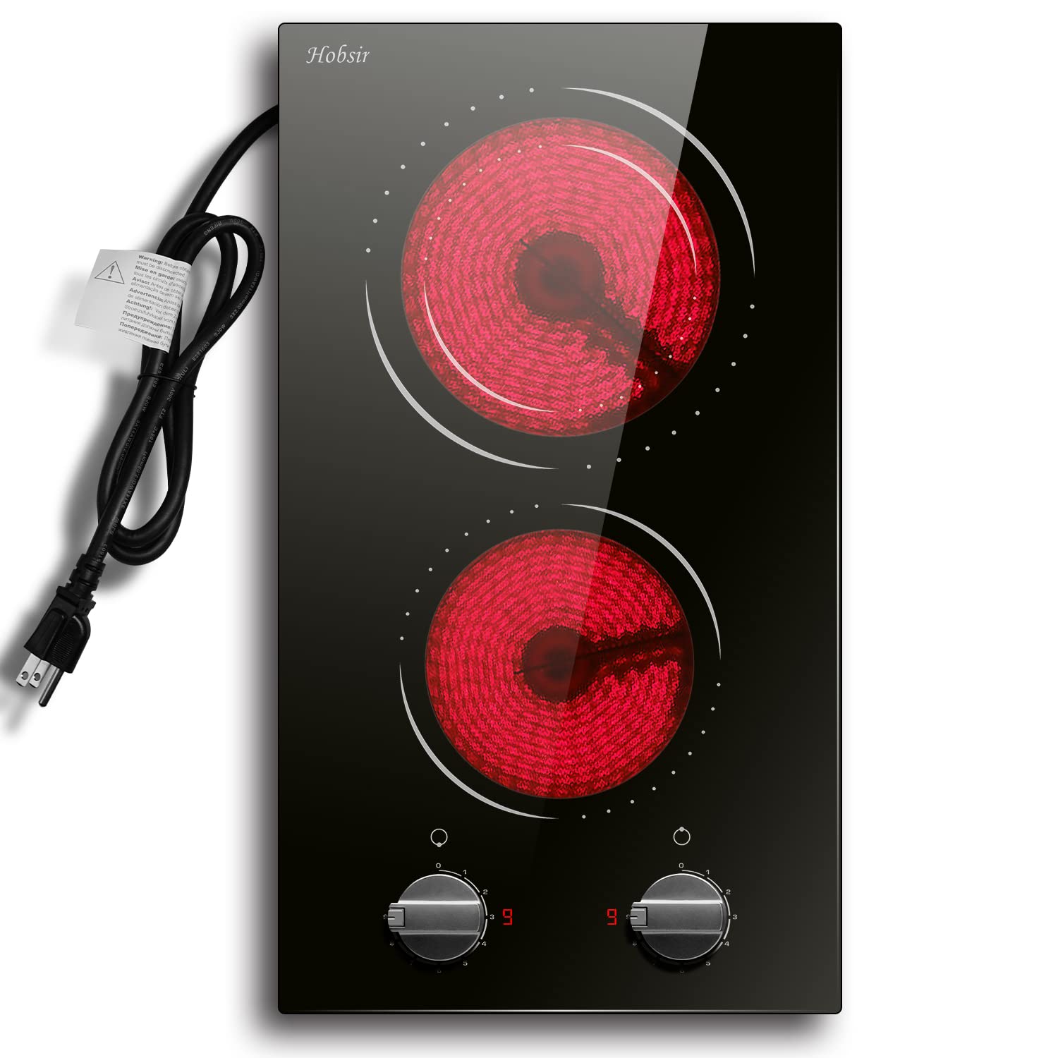 Hobsir 2 Burner Electric Cooktop - 12 Inch Countertop & Built-in Stove with Knob Control, 110V, Residual Heat Indicator & Over-Temperature Protection - Perfect for Small Kitchens, Apartments, RVs & Dorm Rooms