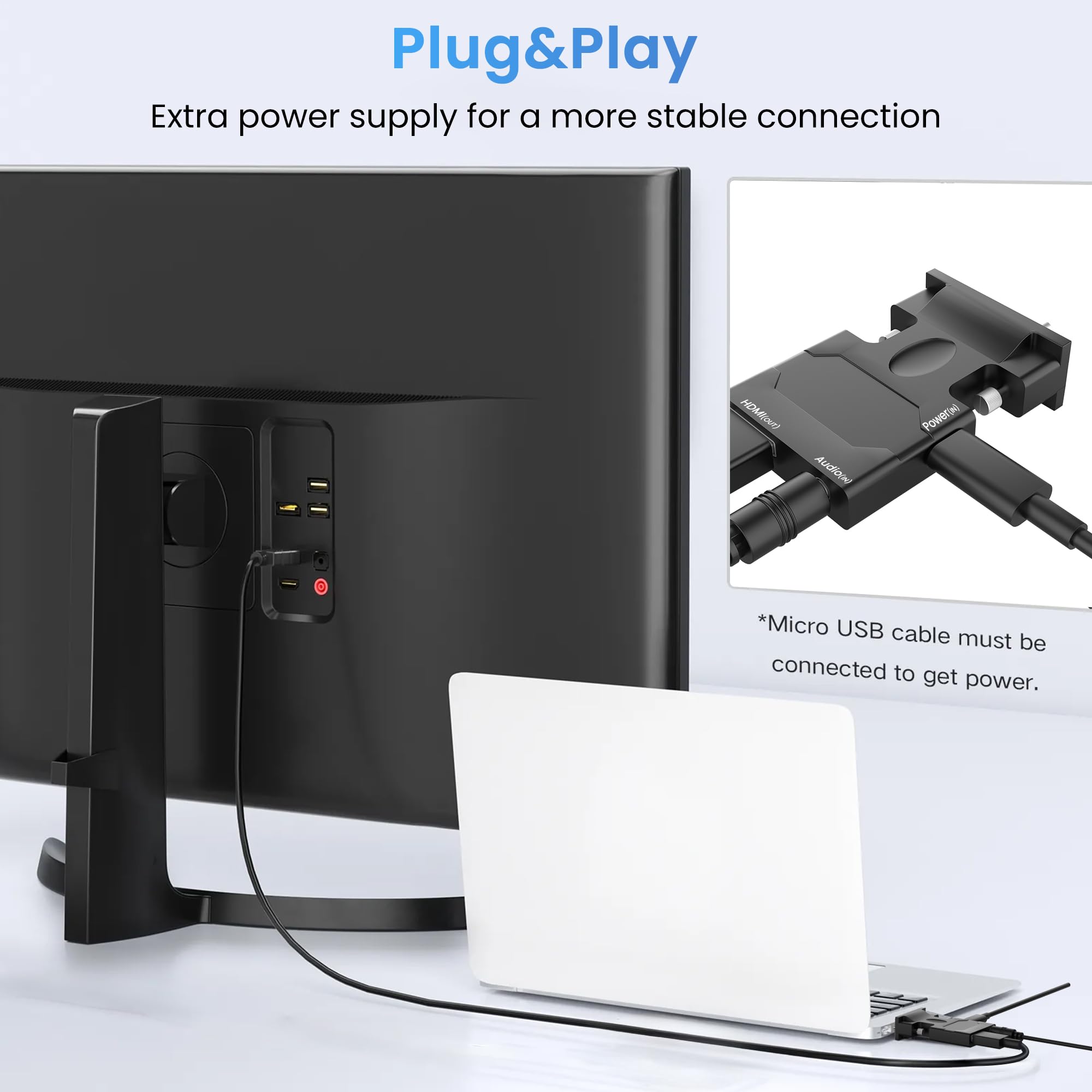 VGA to HDMI Adapter 1080P@60Hz - PC to TV Converter for Monitor & Projector