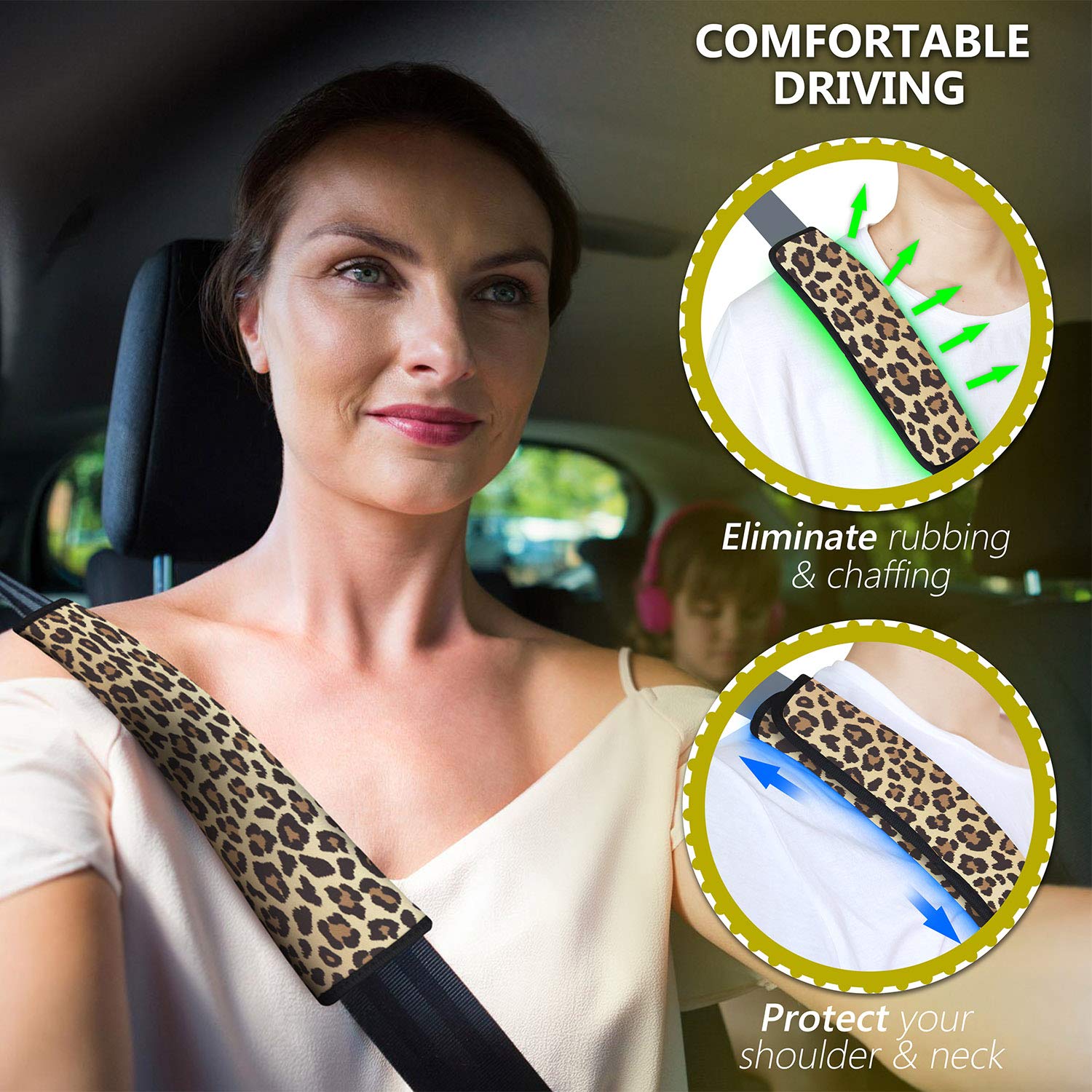 2 Pack Soft Comfort Car Seat Belt Pads Cover - Universal Shoulder Strap Cushions for Adults & Teens - Leopard Print Design - Reduce Pressure & Prevent Chafing (Perfect for Long Drives, Road Trips & Daily Commute)