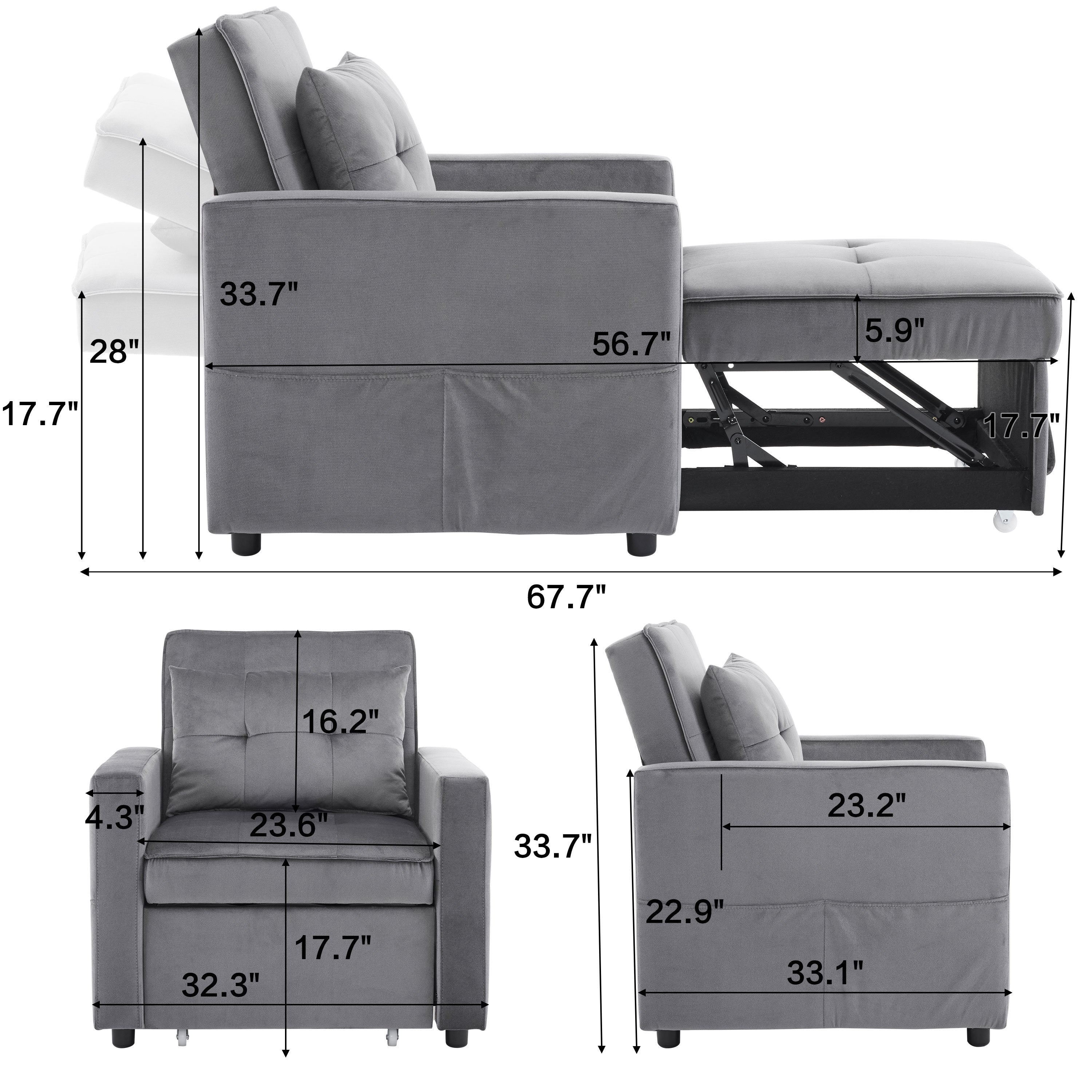3-in-1 Convertible Sleeper Sofa Bed Chair with Pillow & Pocket - Modern Velvet Fabric Multi-Functional Furniture for Living Room, Bedroom, Study & Small Apartments (Gray) | Perfect for Guest Sleeping, Lounging & Space Saving Solutions