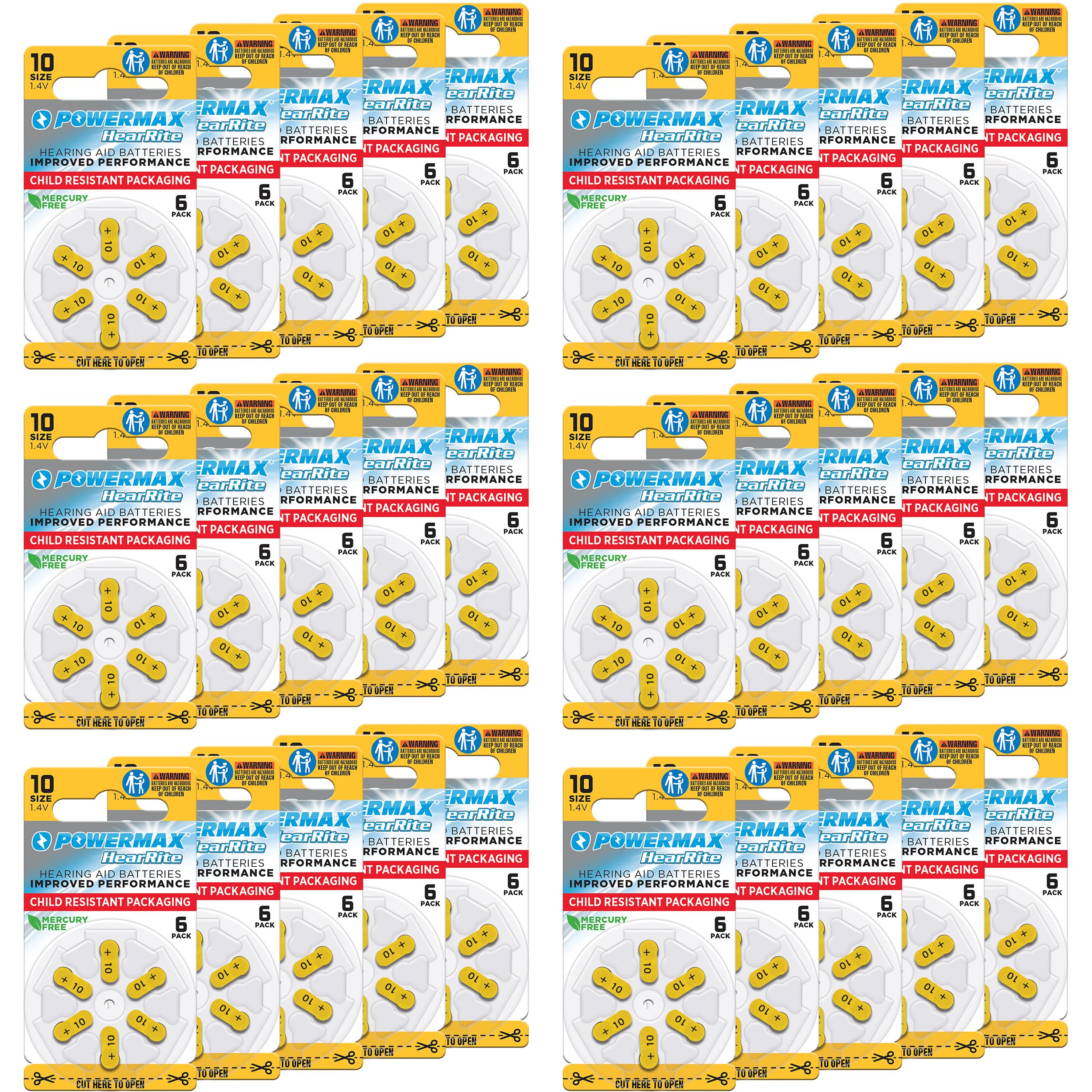 Powermax Size 10 Hearing Aid Batteries - 180 Count Long-Lasting Zinc Air Battery Pack with Yellow Easy-Change Tabs | Perfect for Seniors & Daily Hearing Aid Use