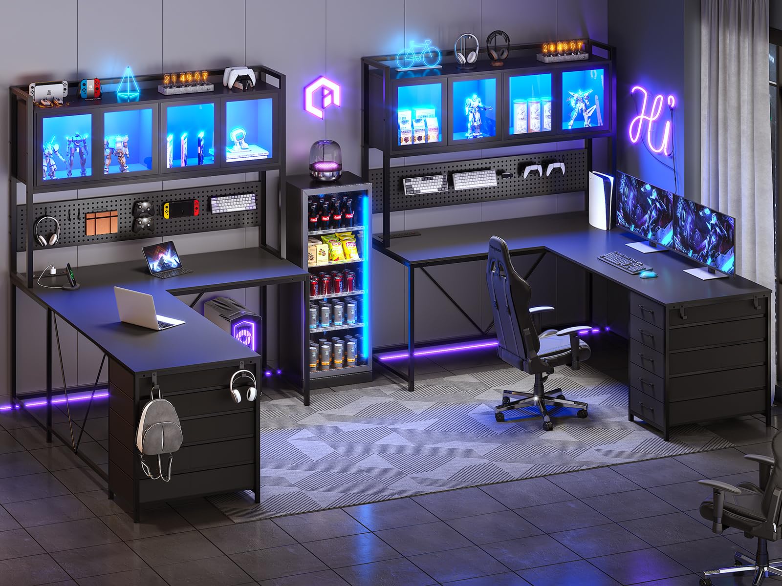 SEDETA L-Shaped Gaming Desk with Drawers, Hutch & Storage Shelves - Black Corner Computer Desk with Pegboard, LED Lights & Power Outlet for Home Office | Perfect for Gaming Setup, Workstation & Small Space Organization