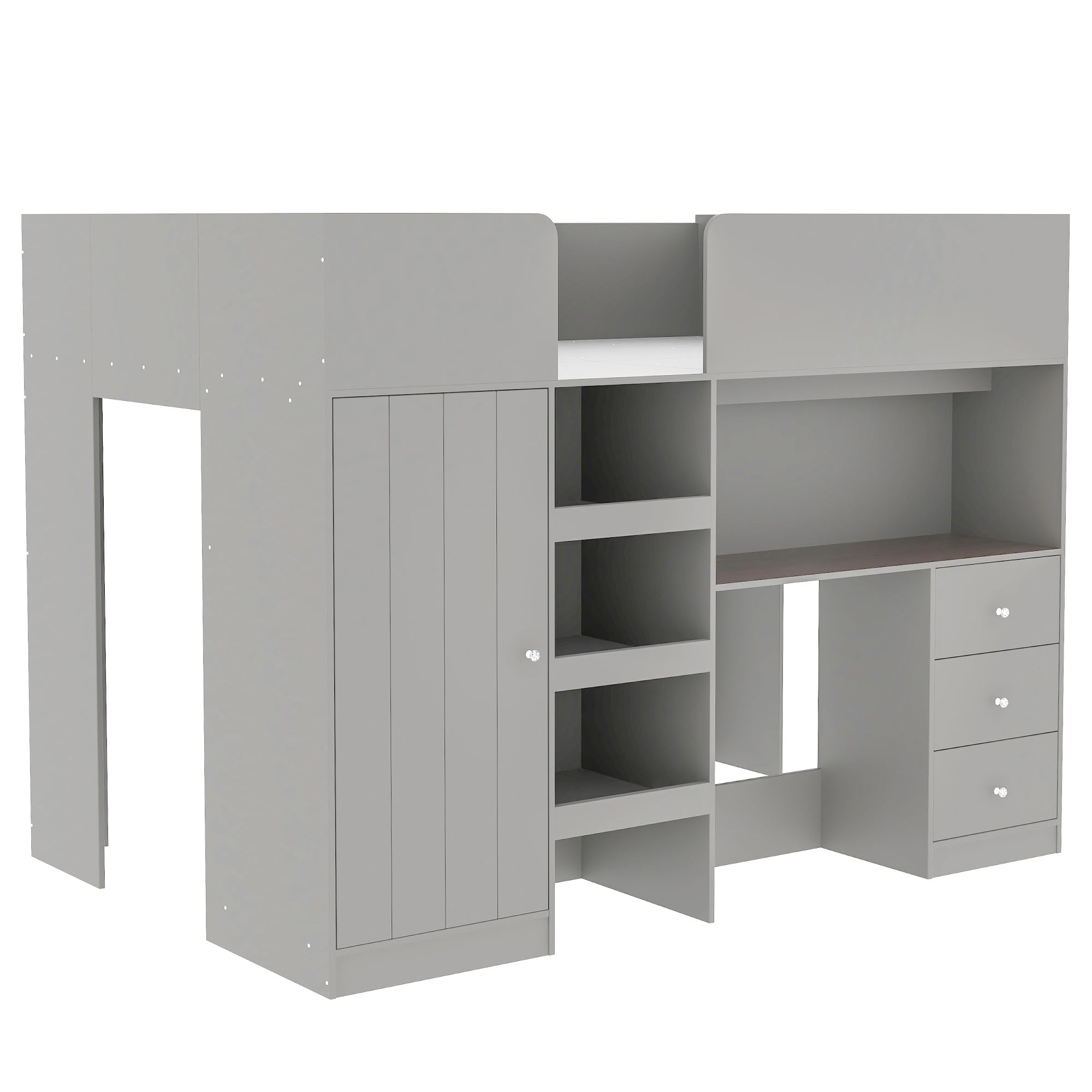 Full Size Loft Bed with Built-in Wardrobe & Desk - Sturdy Wooden Bed Frame with Storage Shelves & Drawers - Space Saving Kids Bedroom Furniture for Boys, Girls & Teens - Easy Assembly - Grey - Perfect for Small Rooms, Dormitories & Shared Spaces