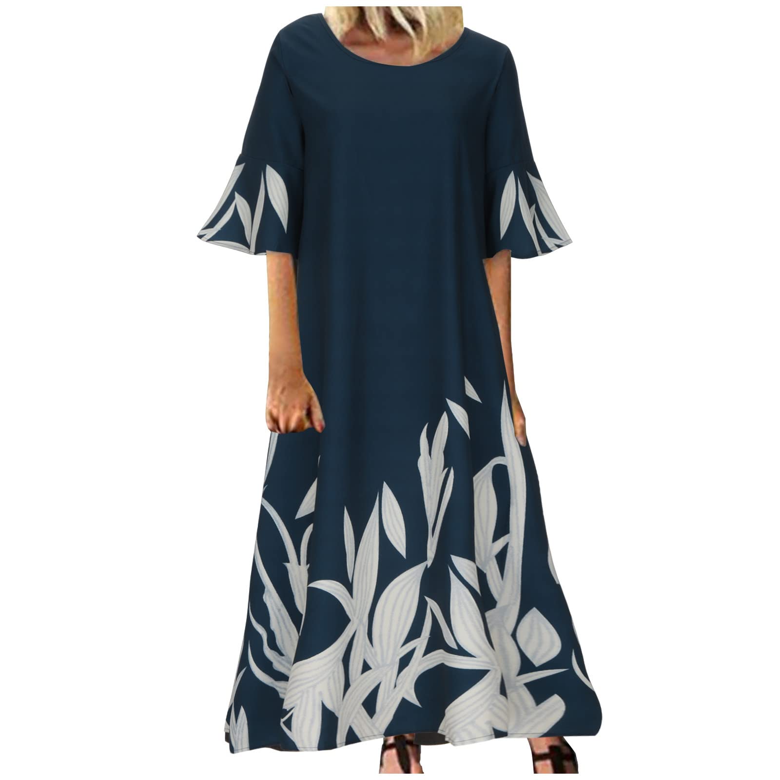 MIANHT Women's Summer Casual Midi Dress - Round Neck Ruffled Sleeve Printed Loose Flowy Dress for Beach, Vacation & Everyday Wear