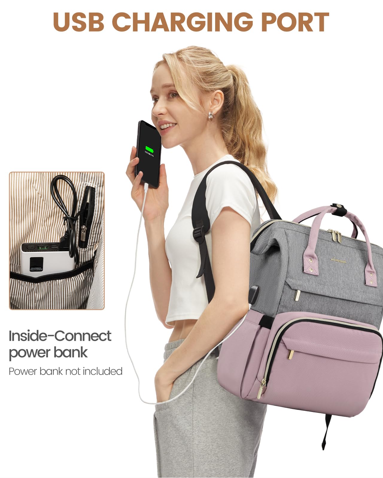 LOVEVOOK Women's Fashion Laptop Backpack with USB Port - Stylish Grey-Light Purple Business Travel Bag for Work, School, or Daily Commute, Fits 17-Inch Laptop