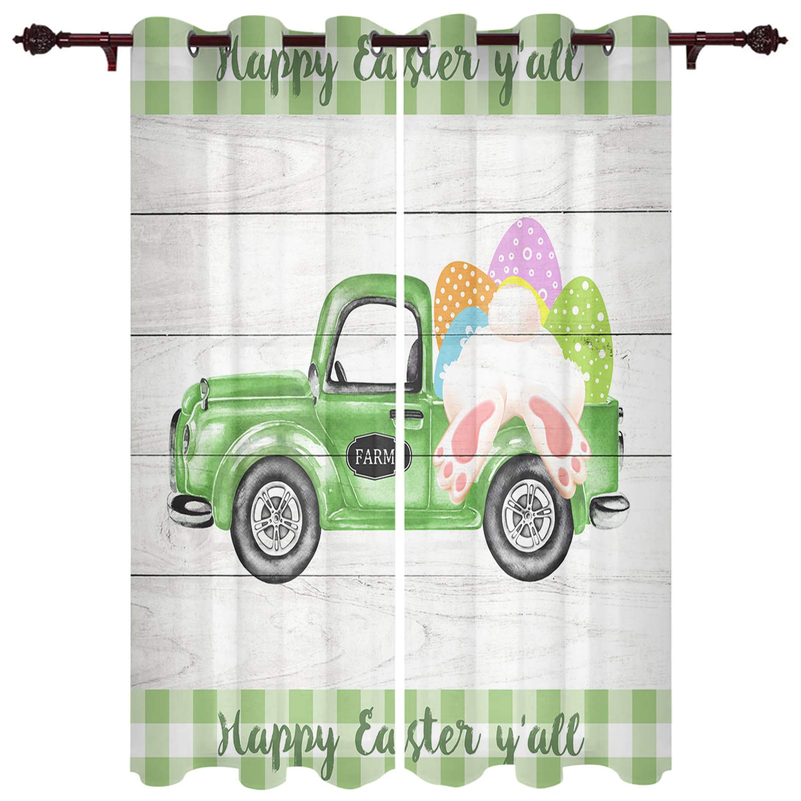 LOVE HOME DAY 2 Panels Farmhouse Easter Truck Window Curtains with Eggs & Bunny - Spring Green Buffalo Plaid Blackout Drapes for Bedroom, Living Room & Kitchen Decor | Perfect for Easter Decorations, Farmhouse Style Homes & Seasonal Window Treatments
