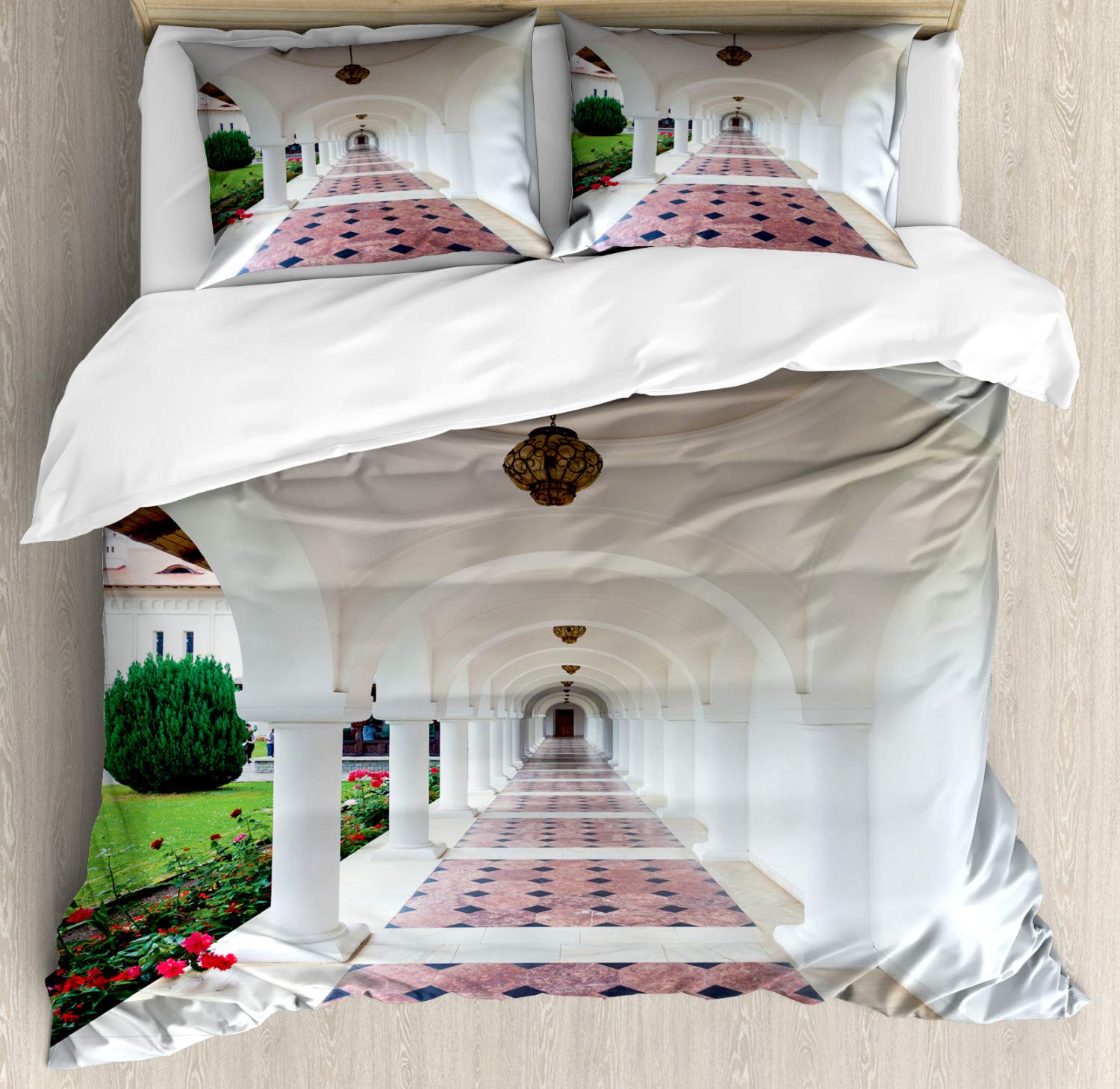 Ambesonne Travel Duvet Cover Set - 3 Piece Bedding with 2 Pillow Shams | California King Size | White & Green Romanesque Arch Design Inspired by Transylvania's Sambata de Sus Monastery | Perfect for Guest Rooms, Vacation Homes & Bohemian Bedroom Decor