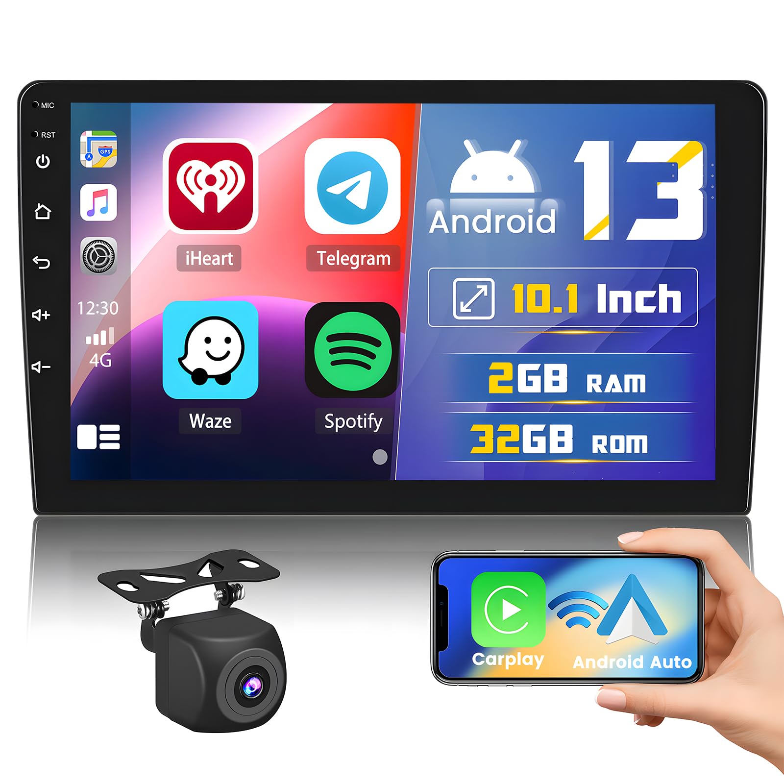 Hikity 10.1 Inch Android 13 Double Din Car Stereo with Wireless CarPlay - 2GB RAM 32GB ROM, GPS, Bluetooth, WiFi, FM, Mirror Link, SWC, Backup Camera & Microphone - Perfect for Seamless Navigation, Hands-Free Calling & Entertainment in Your Vehicle