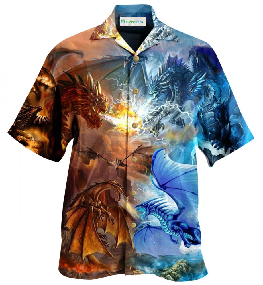 Button Down Shirt World Ends in Fire and Ice But Dragons Do Not Unisex Hawaiian Shirt for Beach Vacation, Summer Party, and Casual Wear