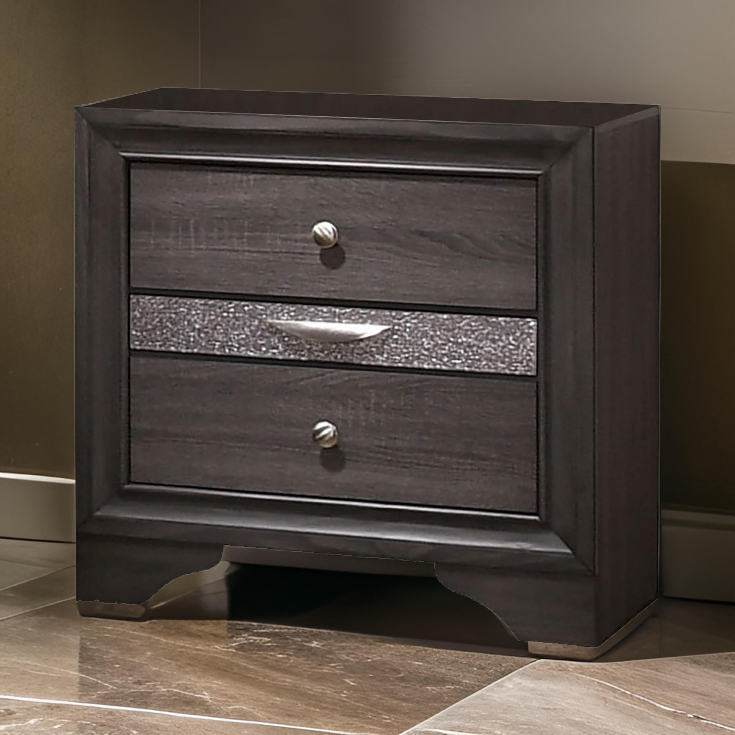 Benjara Gray and Silver Wooden Nightstand with 2 Drawers - Jewelry Storage Bedside Table for Bedroom, Living Room, or Guest Room