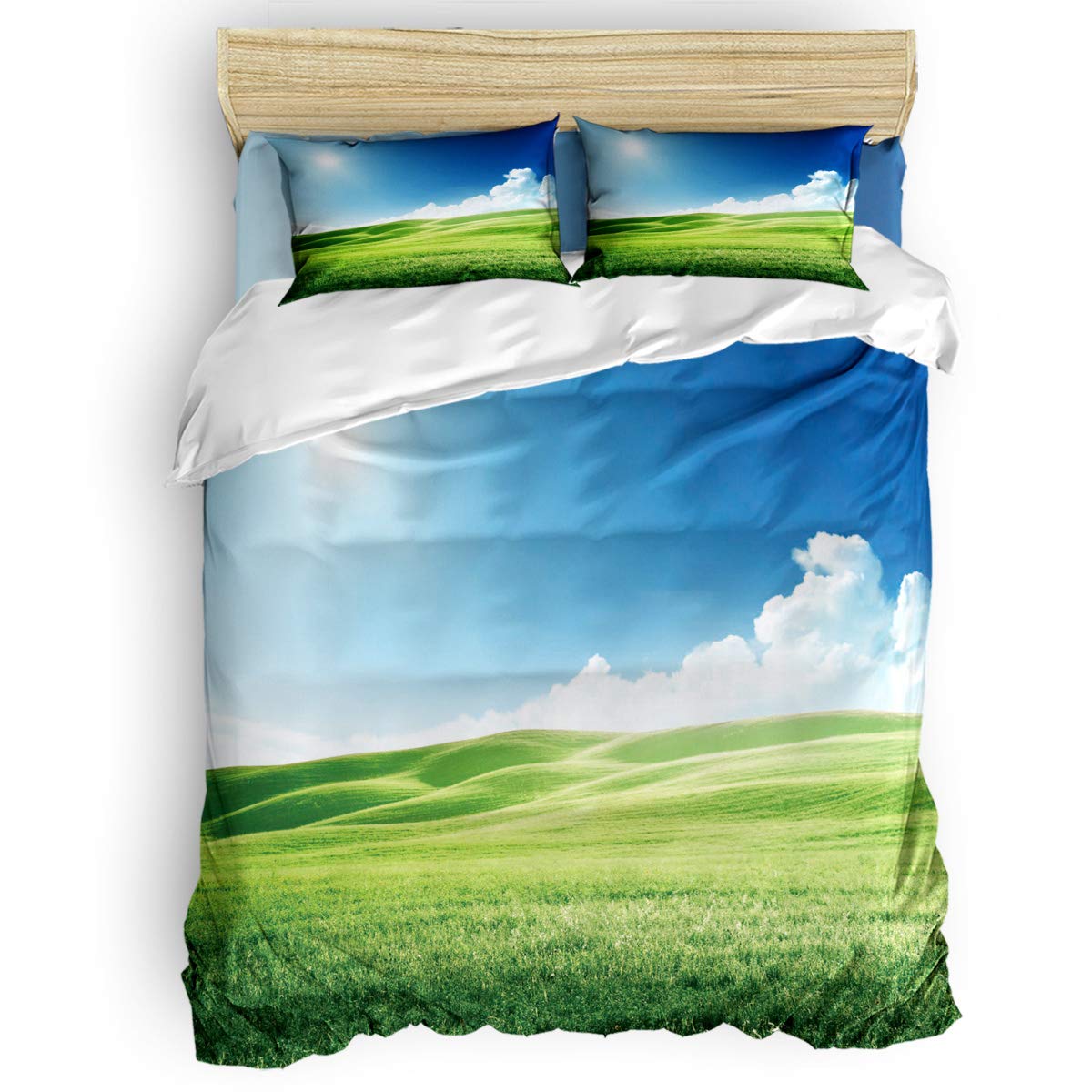 King Size 4-Piece Sunflower Duvet Cover Set - Soft Luxury Bedding with Grassland Blue Sky & White Clouds Design (1 Duvet Cover, 1 Sheet, 2 Pillowcases) for Cozy Bedroom Decor & Guest Room Styling