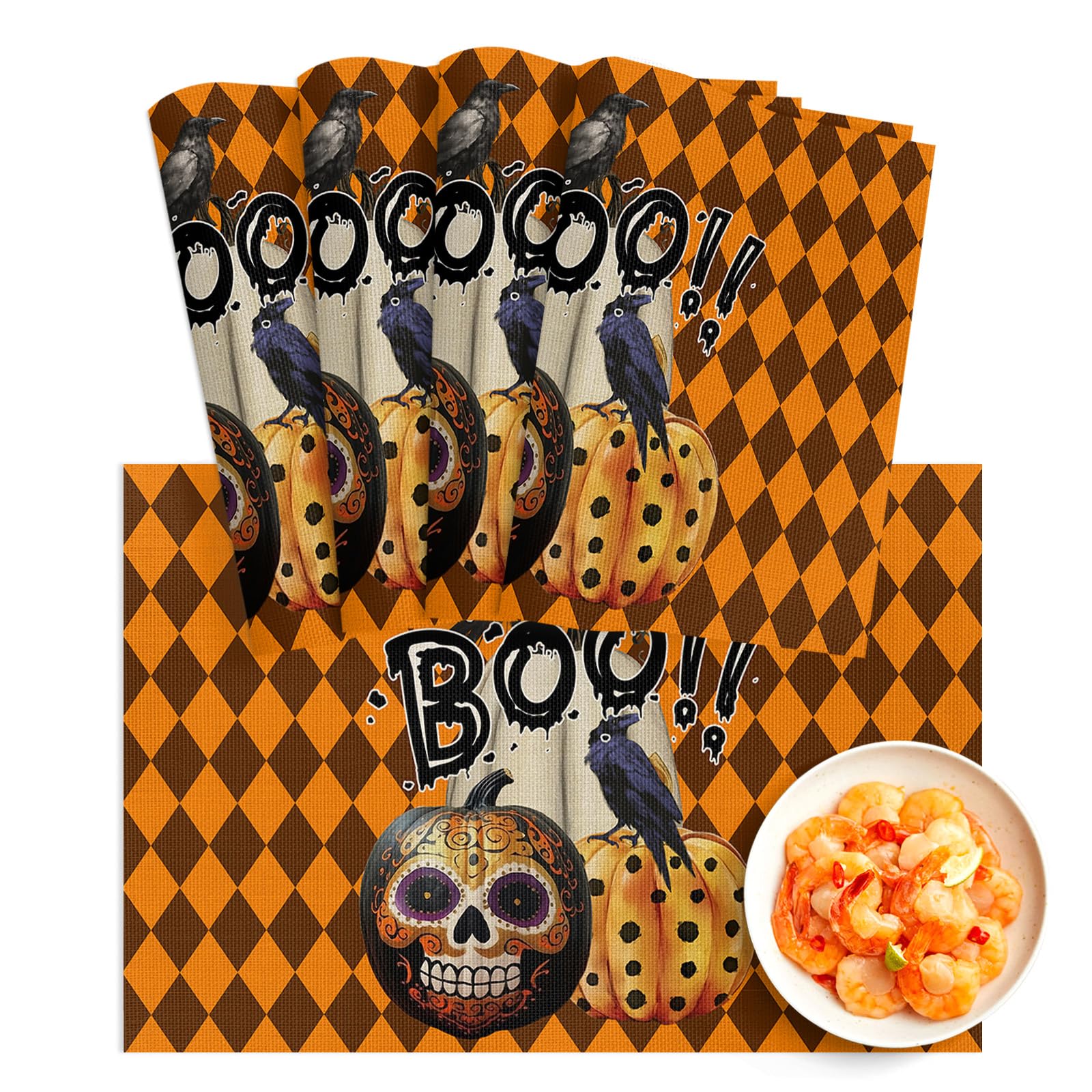 Halloween Placemats Set of 4 - Washable PVC Table Mats for Dining & Kitchen, Woven Vinyl Plastic Placemats with Bohemian Pumpkin Crow Skull Design - Perfect for Holiday Decor, Dinner Parties & Fall Table Settings