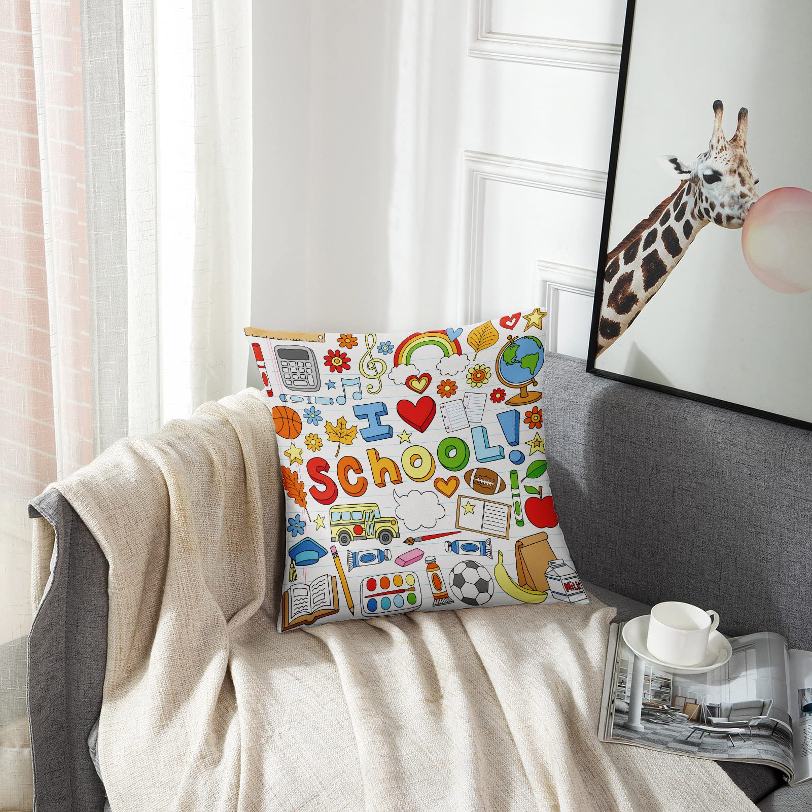 Emvency 18x18 Inch Brown Teacher Throw Pillow Cover - I Love School Doodles Design, Polyester Decorative Pillowcase with Hidden Zipper | Perfect for Classroom Decor, Teacher Appreciation Gifts & Cozy Home Decor