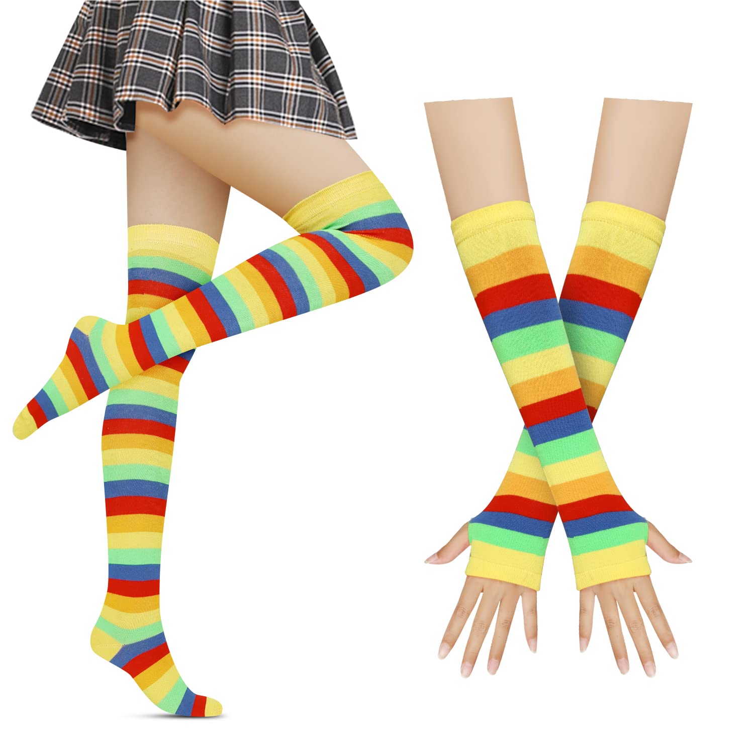 Benefeet Women's Striped Thigh High Socks & Arm Warmers Set with Fingerless Gloves - Over Knee High Stockings for Halloween Costumes, Cosplay, and Winter Fashion