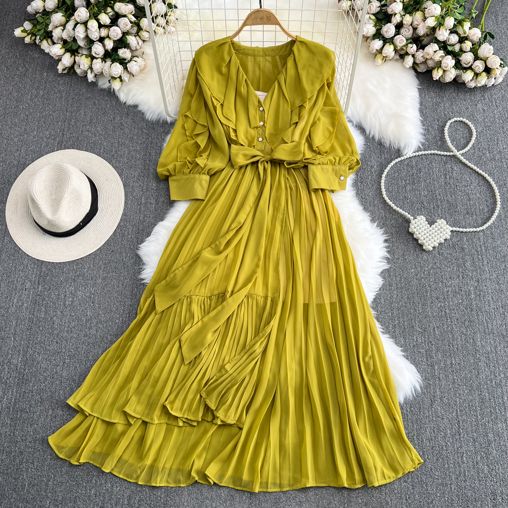 Elegant V-Neck Ruffled A-Line Pleated Dress - Women's Flowy Party & Cocktail Dress for Evening Events, Weddings & Special Occasions