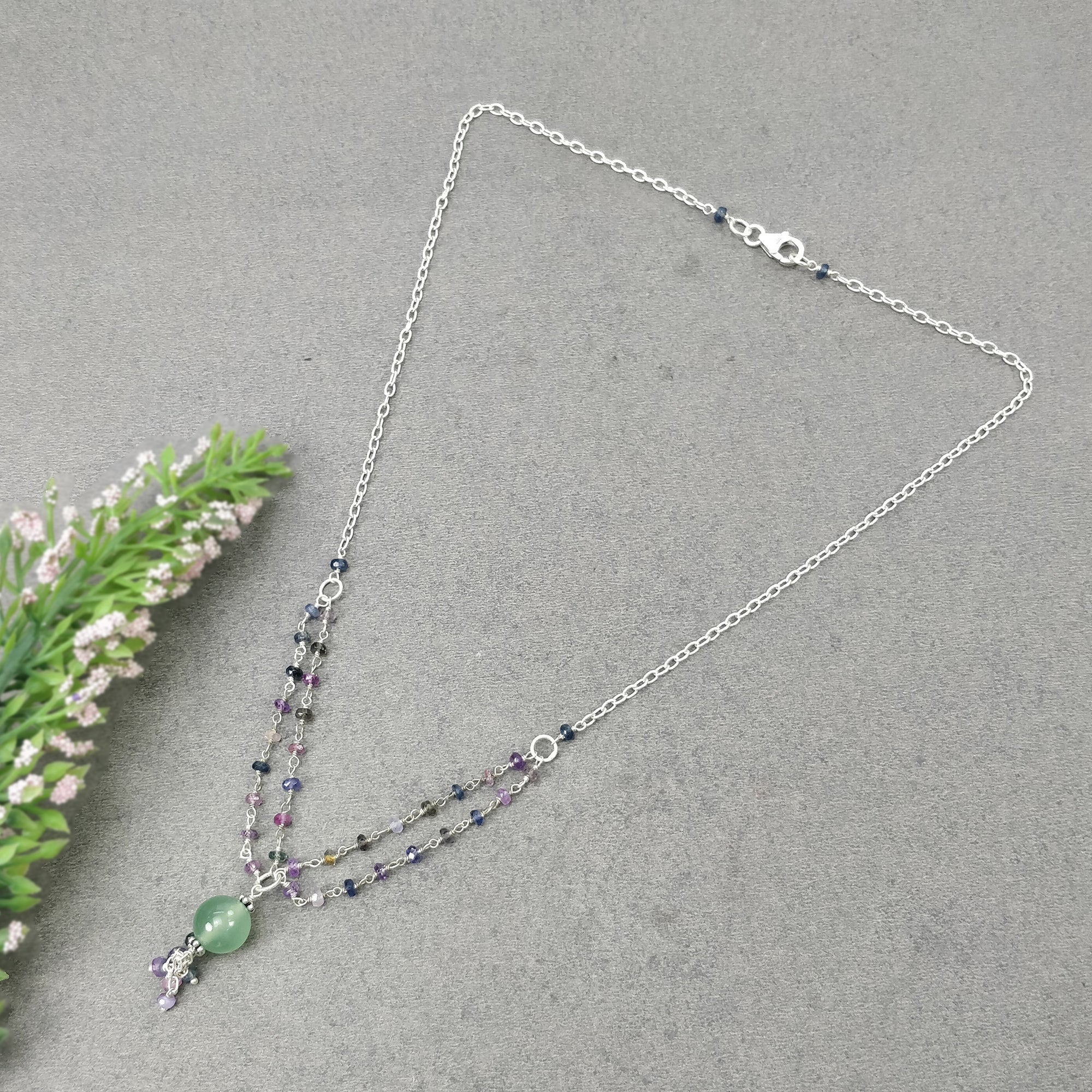 Natural Untreated Multi Sapphire & Serpentine Gemstone Beads Necklace - 36.80cts Genuine Stones with 925 Sterling Silver Chain (3mm-10mm-21