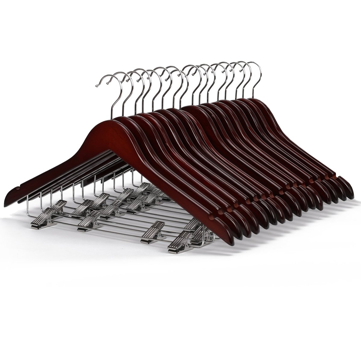 Premium Solid Walnut Wooden Suit Hangers with Anti-Rust Pant Clips - 10 Pack for Closet Organization & Wardrobe Storage - Perfect for Men's Suits, Dress Pants & Formal Wear