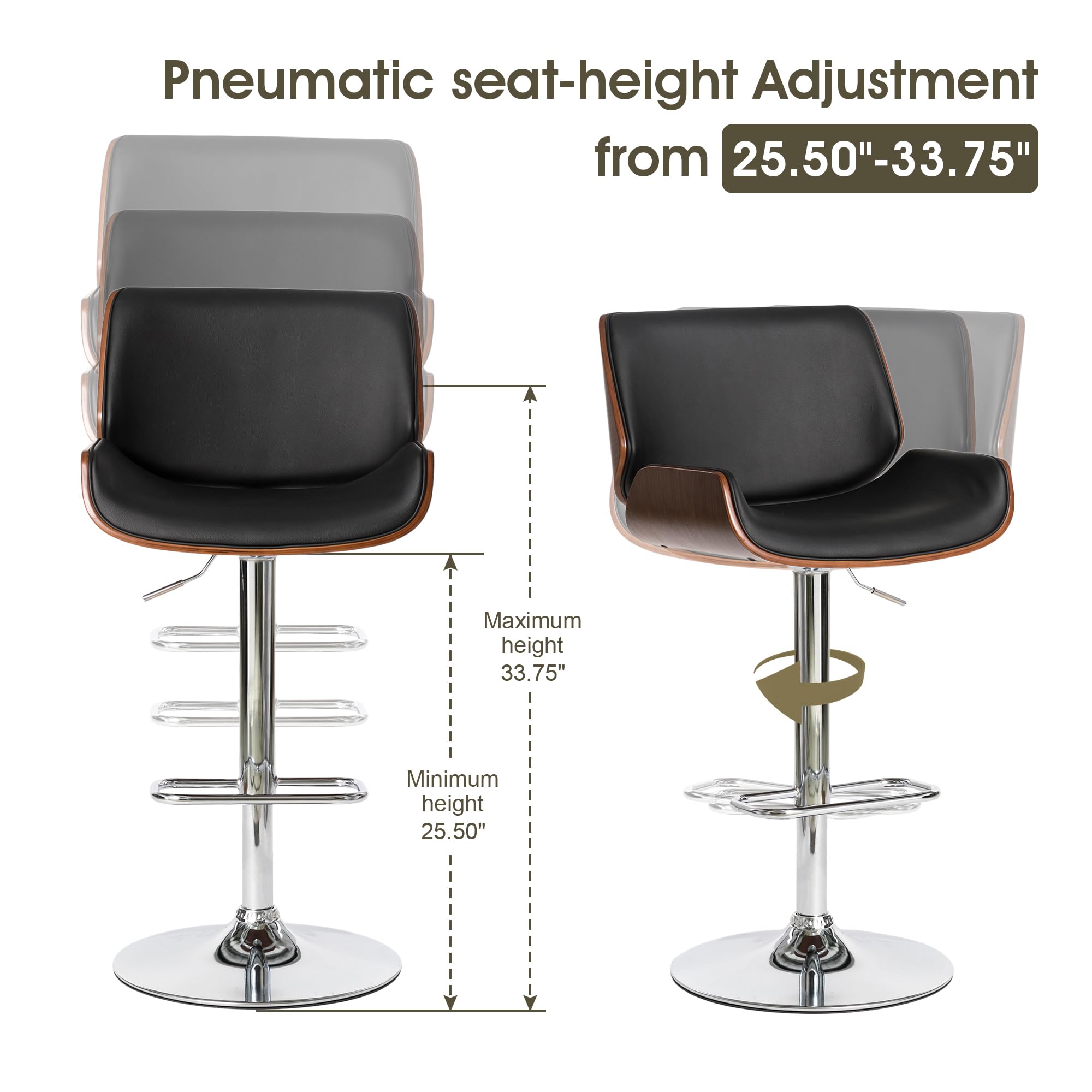 Glitzhome Adjustable Bar Stool Set of 2 - Swivel Mid-Century Modern PU Leather Counter Height Dining Chairs with Back Support, Black Walnut Bentwood Design - Perfect for Kitchen Islands, Breakfast Bars & Home Bars