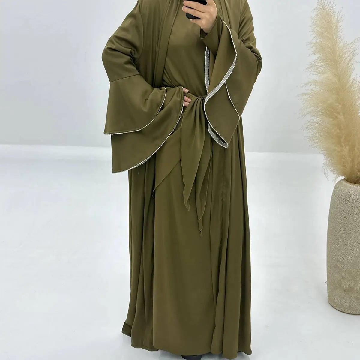 Elegant 3-Piece Satin Abaya Dress Set with Inner Dress & Midi Wrap - Perfect for Eid, Ramadan, and Special Occasions