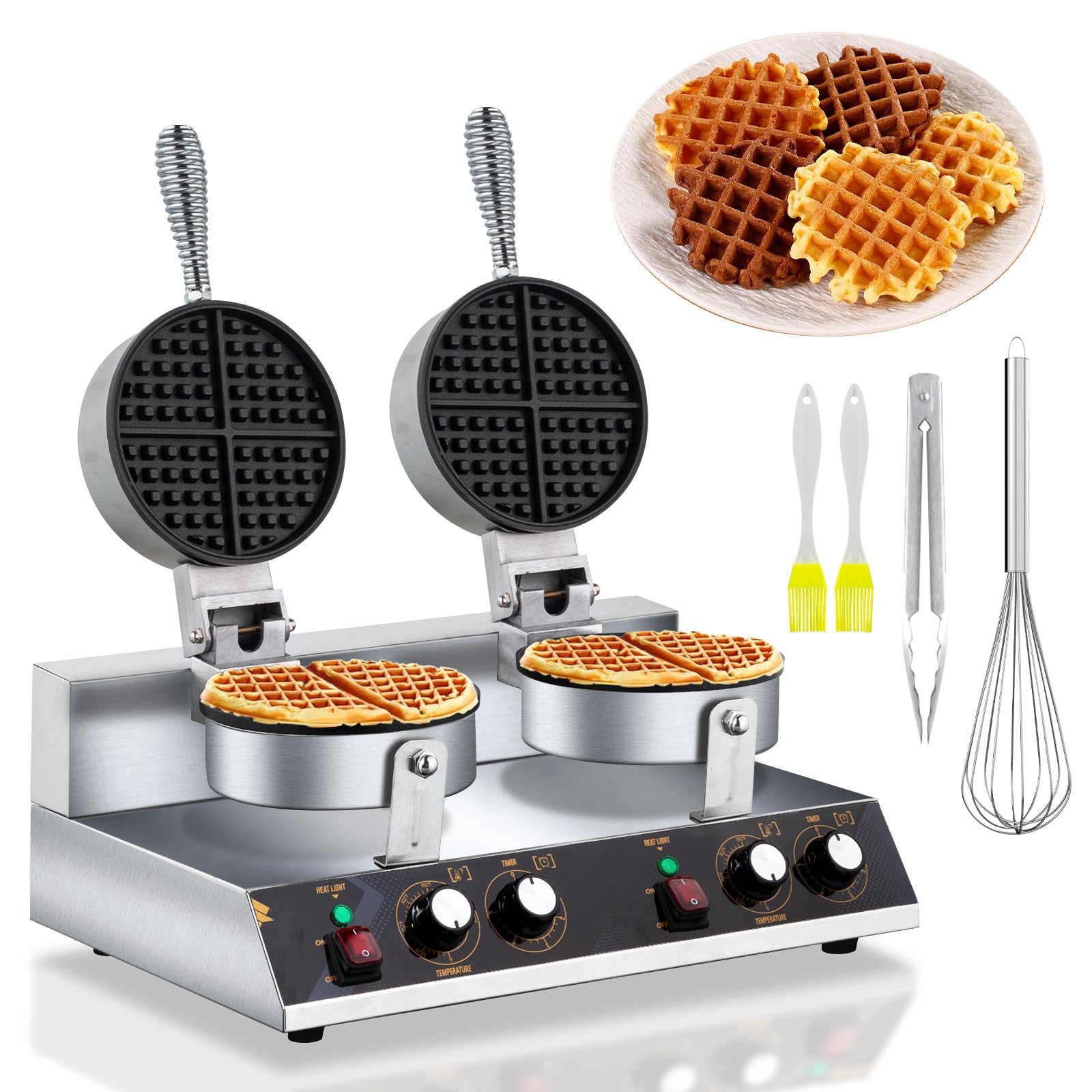 ROVSUN Commercial Double Head Waffle Maker Machine - 2400W Stainless Steel Professional Waffle Iron with Non-Stick Plates (110V/240V) for Bakery, Restaurant, Snack Bar or Home Use - Perfect for Breakfast, Brunch and Dessert Making