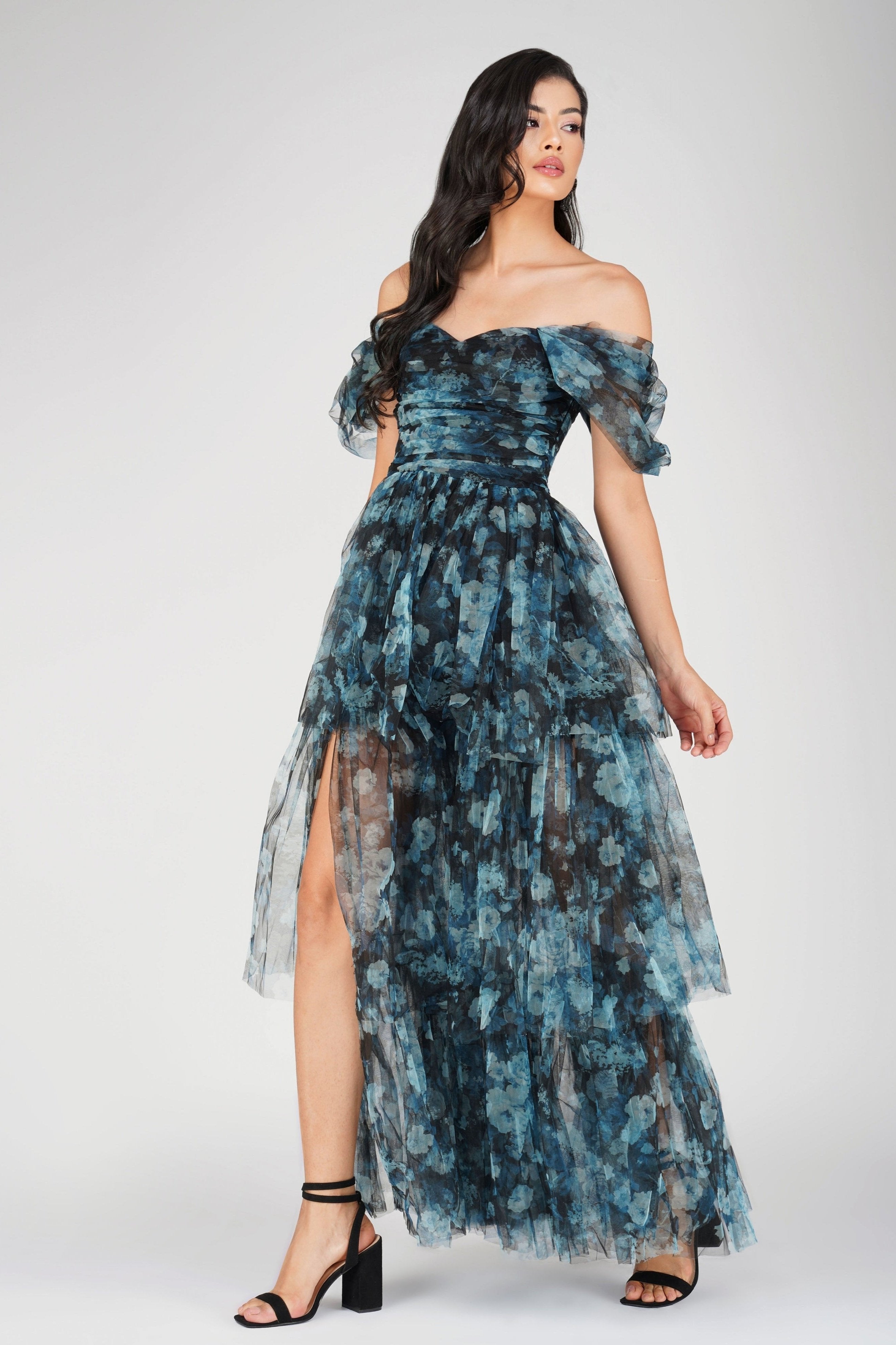Elegant Blue Floral Sydney Tulle Maxi Dress for Women - Perfect for Weddings, Parties & Special Occasions